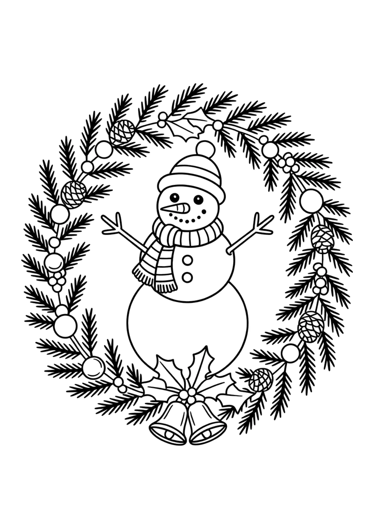 Detailliertes Ausmalbild: Schneemann in einem Kranz aus Tanne und Stechpalme
