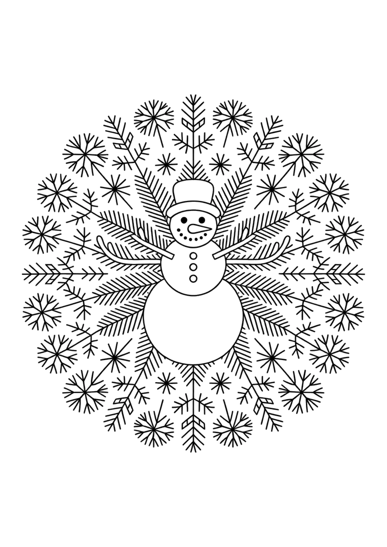 Schneemann-Mandala-Ausmalbild für Erwachsene mit Schneeflocken und Tannenzweigen