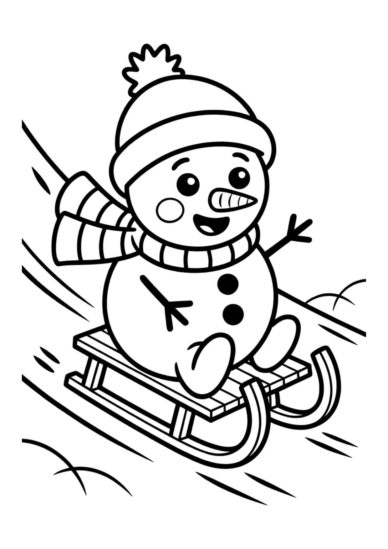 Ausmalbild für Kinder: Schneemann fährt mit dem Schlitten einen Hügel hinunter