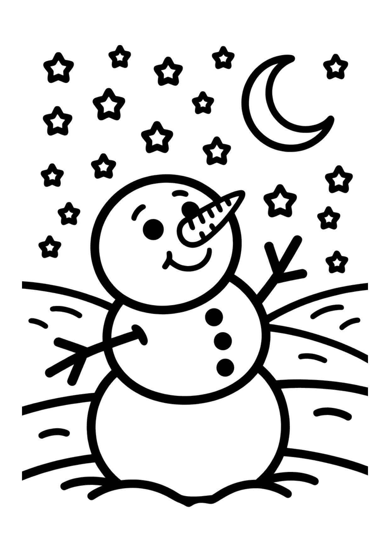 Ausmalbild für Kinder: Schneemann unter einem sternenklaren Winterhimmel