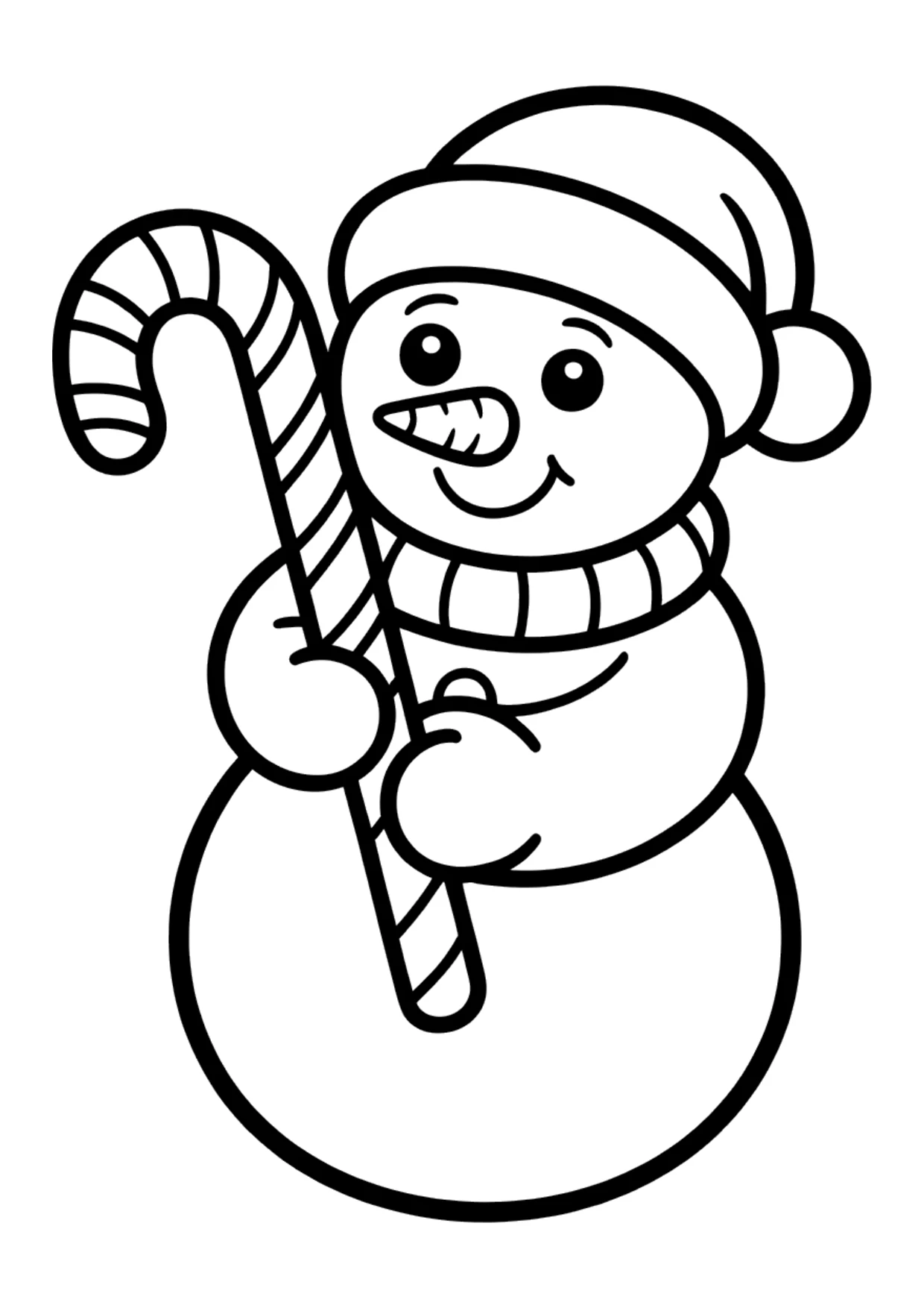 Einfaches Ausmalbild: süßer Schneemann mit Zuckerstange