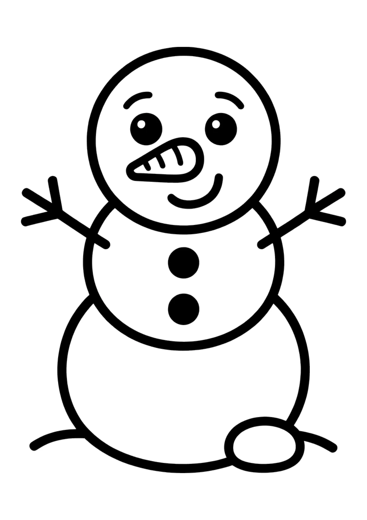 Einfaches Ausmalbild: schlichter Schneemann mit Karottennase und Stockarmen