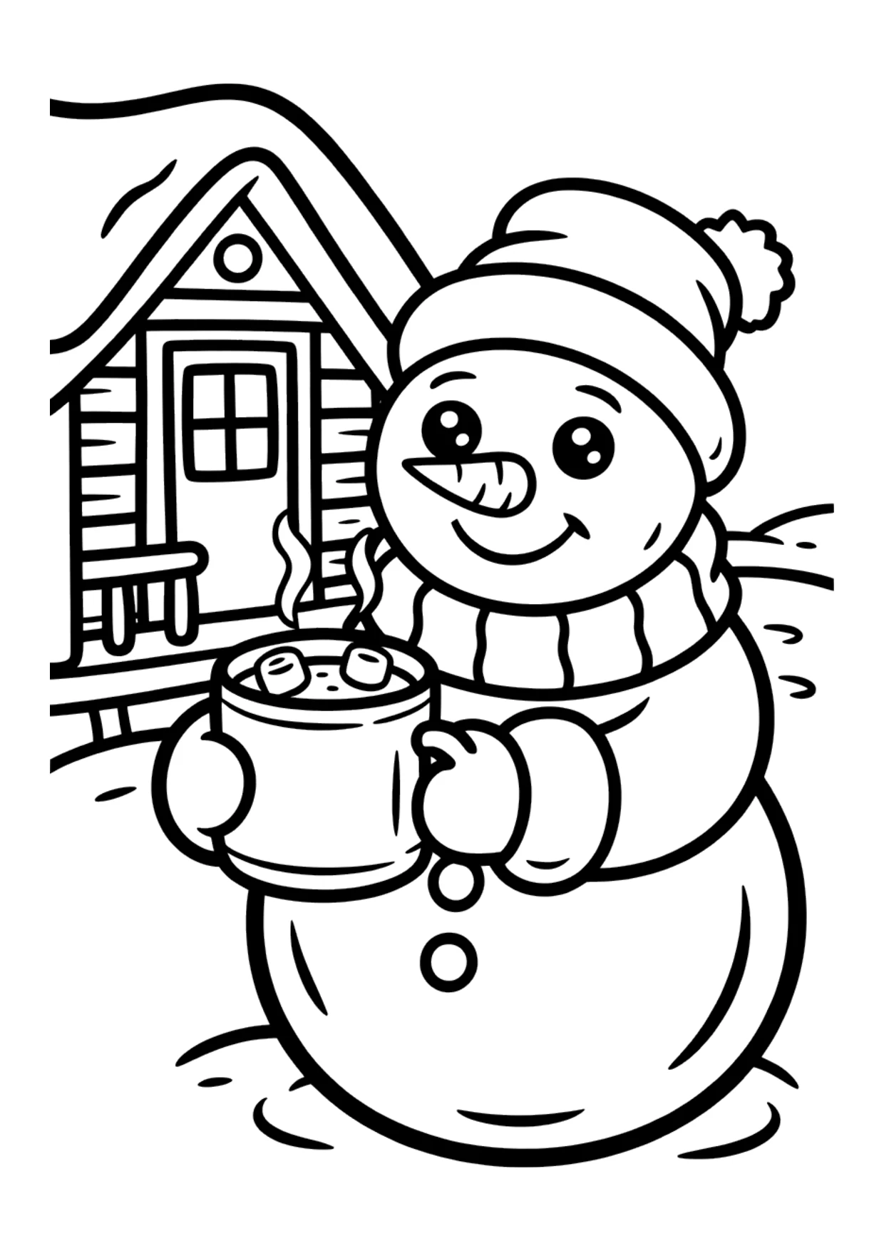 Ausmalbild für Kinder: Schneemann mit einer Tasse heißem Kakao vor einer Hütte