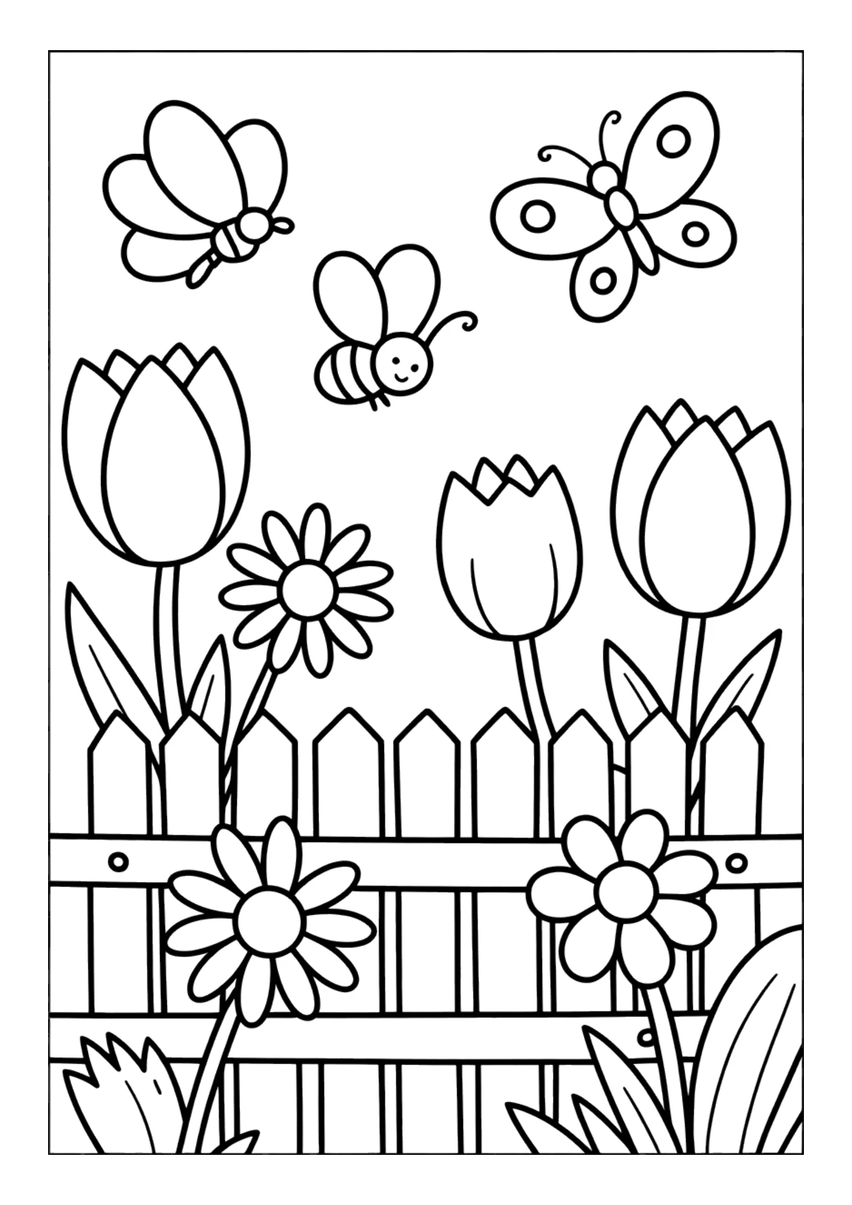 Coloriage pour enfants d&rsquo;un jardin fleuri de printemps avec une clôture et une abeille