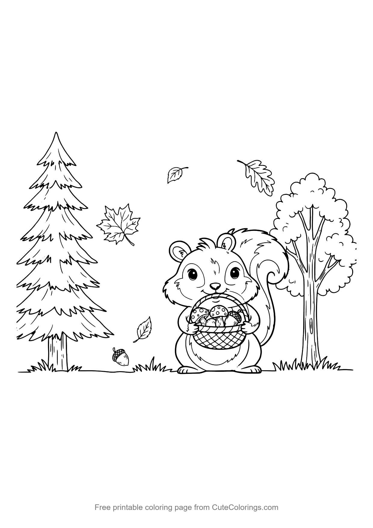 Coloring page for kids of a squirrel carrying a basket of mushrooms in autumn