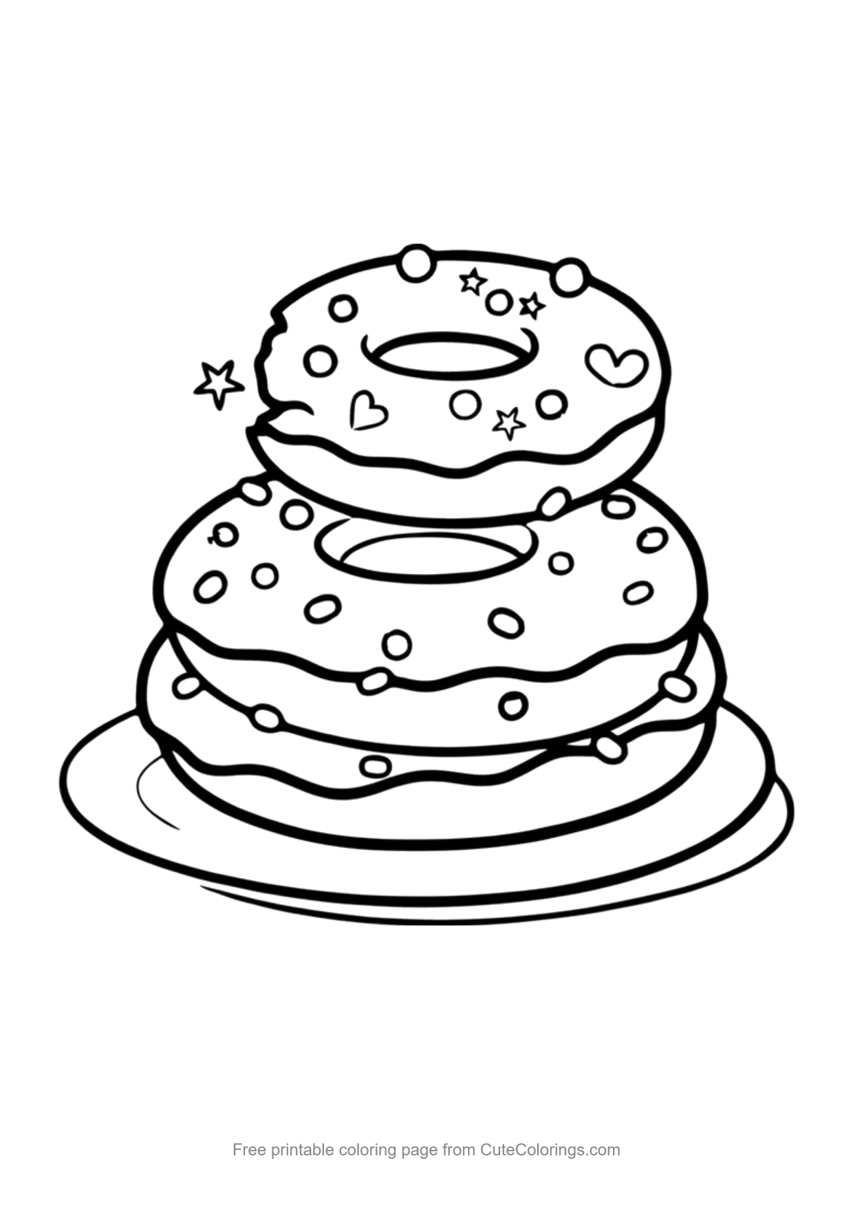 Easy coloring page of three frosted donuts stacked on a plate