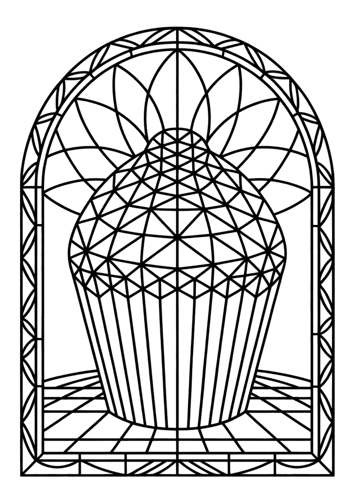 Stained glass style coloring page of a cupcake made of geometric segments in an arched window