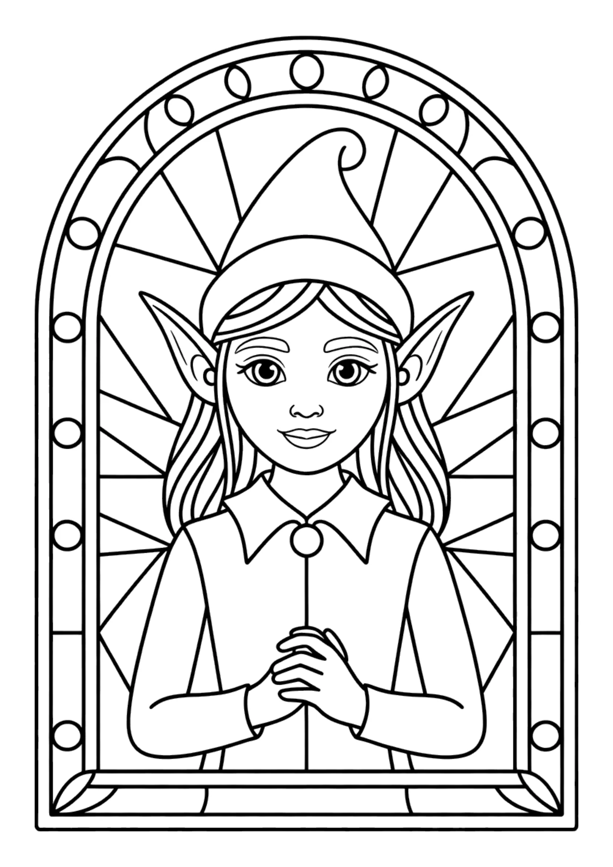 Dibujo de un duende estilo vitral con segmentos geométricos para colorear