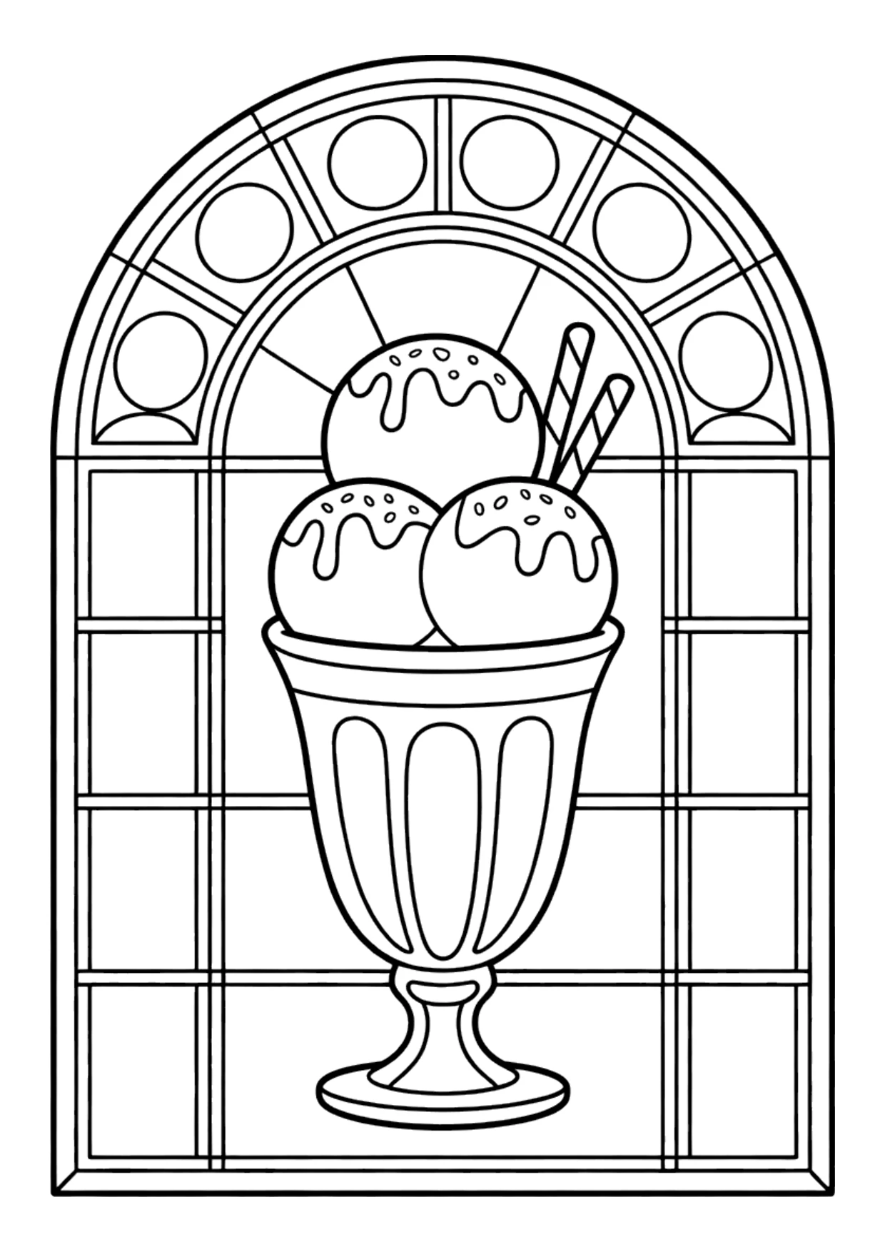 Ausmalbild eines Eisbechers im Buntglas-Stil
