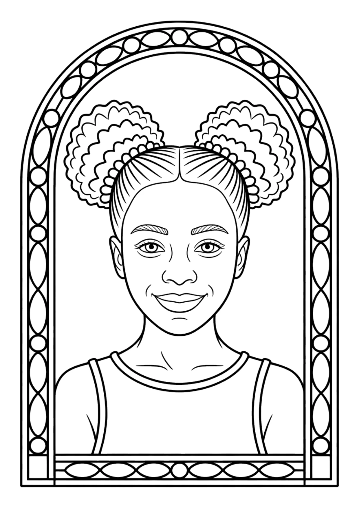 Stained glass style coloring page of a Black girl