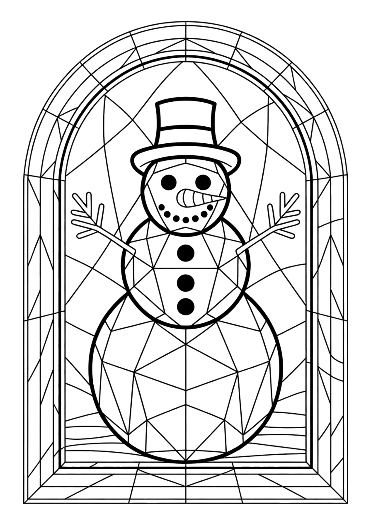 Ausmalbild im Buntglas-Stil: Schneemann aus geometrischen Segmenten