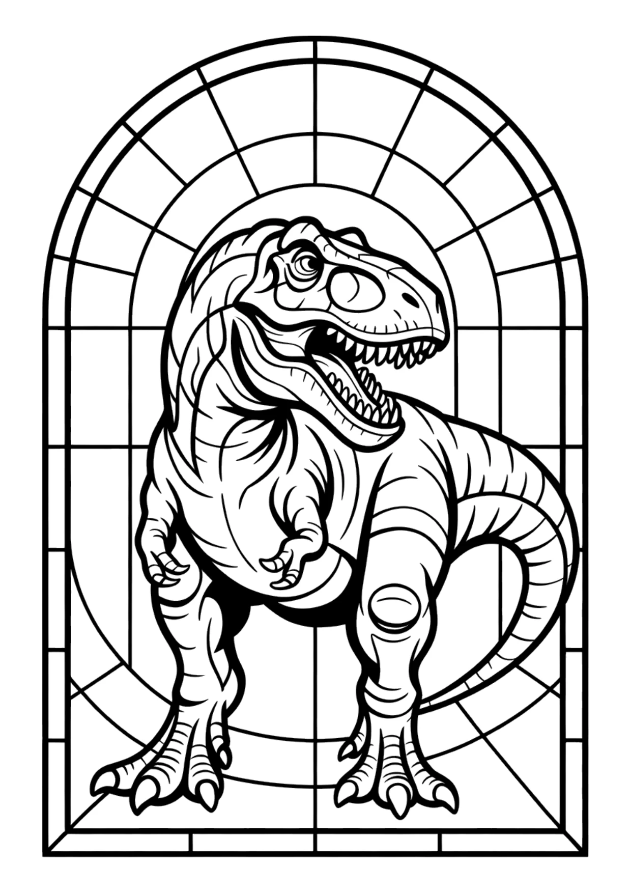 Ausmalbild im Buntglas-Stil von einem T-Rex in einem Bogenfenster