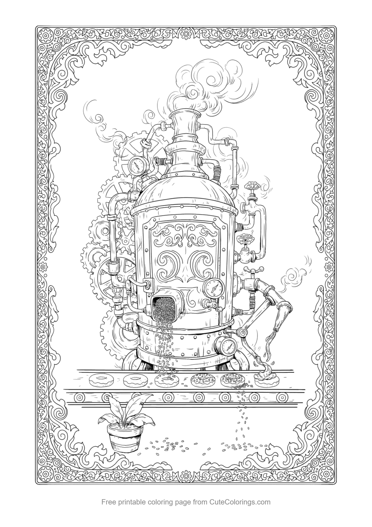 Detailed steampunk donut factory machine coloring page for adults