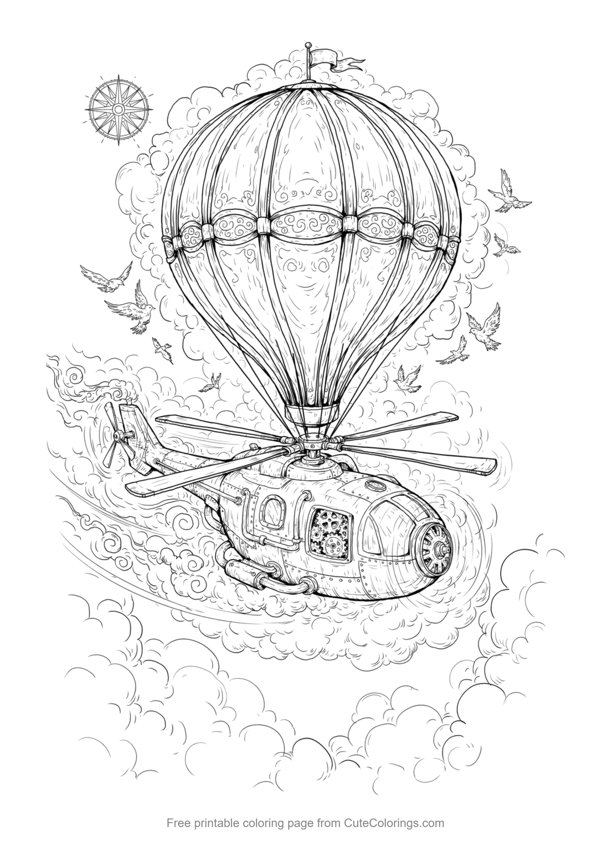 Detailed steampunk helicopter coloring page with gears and a balloon for adults
