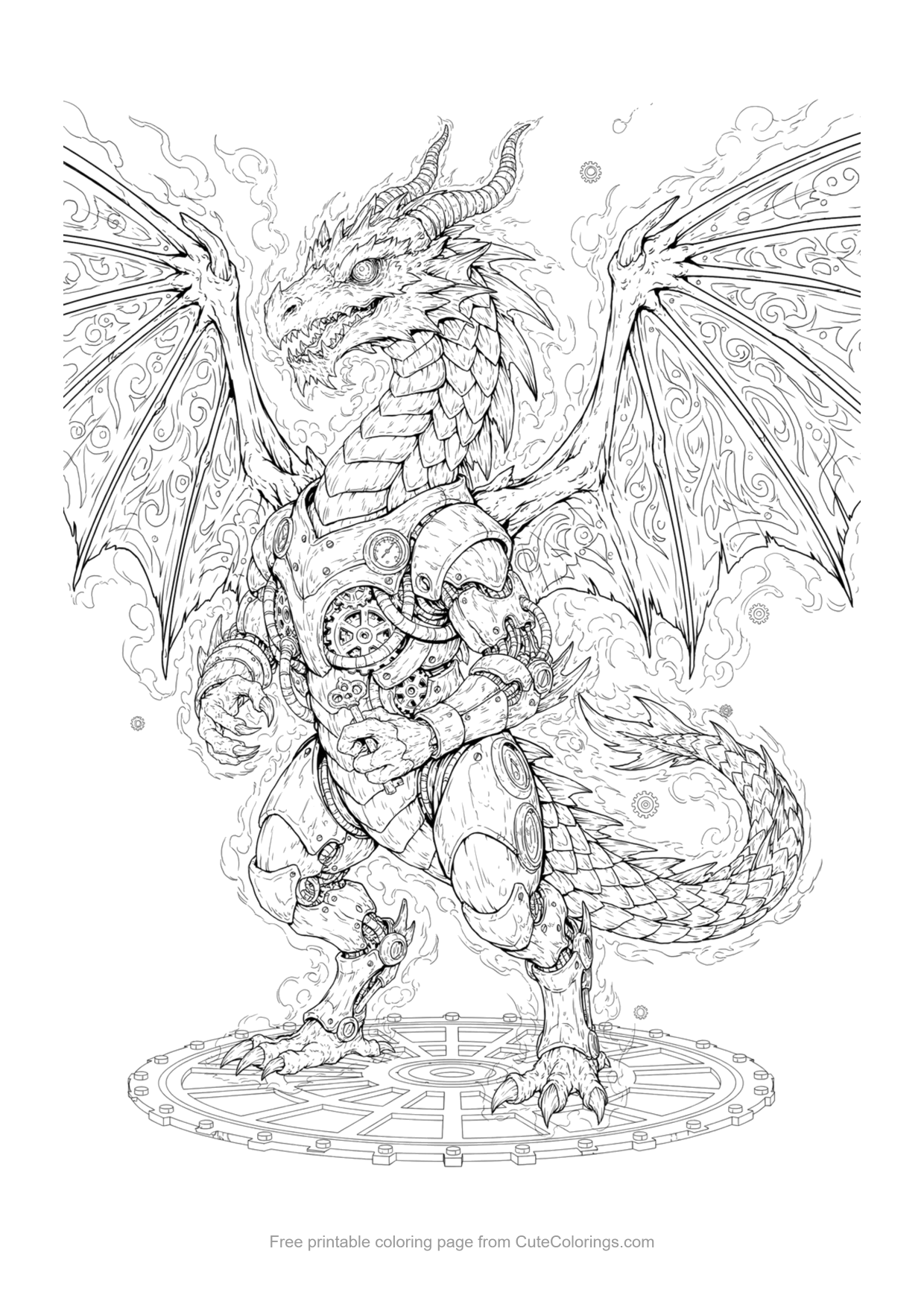 Detailed steampunk dragon coloring page made of gears, pipes and rivets for adults