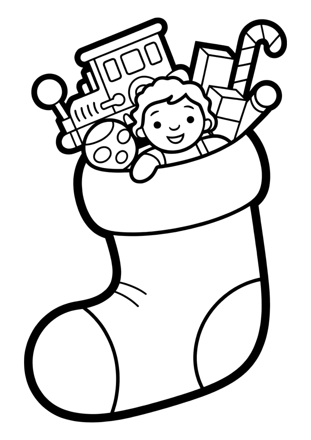 Dibujo para niños de un calcetín lleno de juguetes para colorear