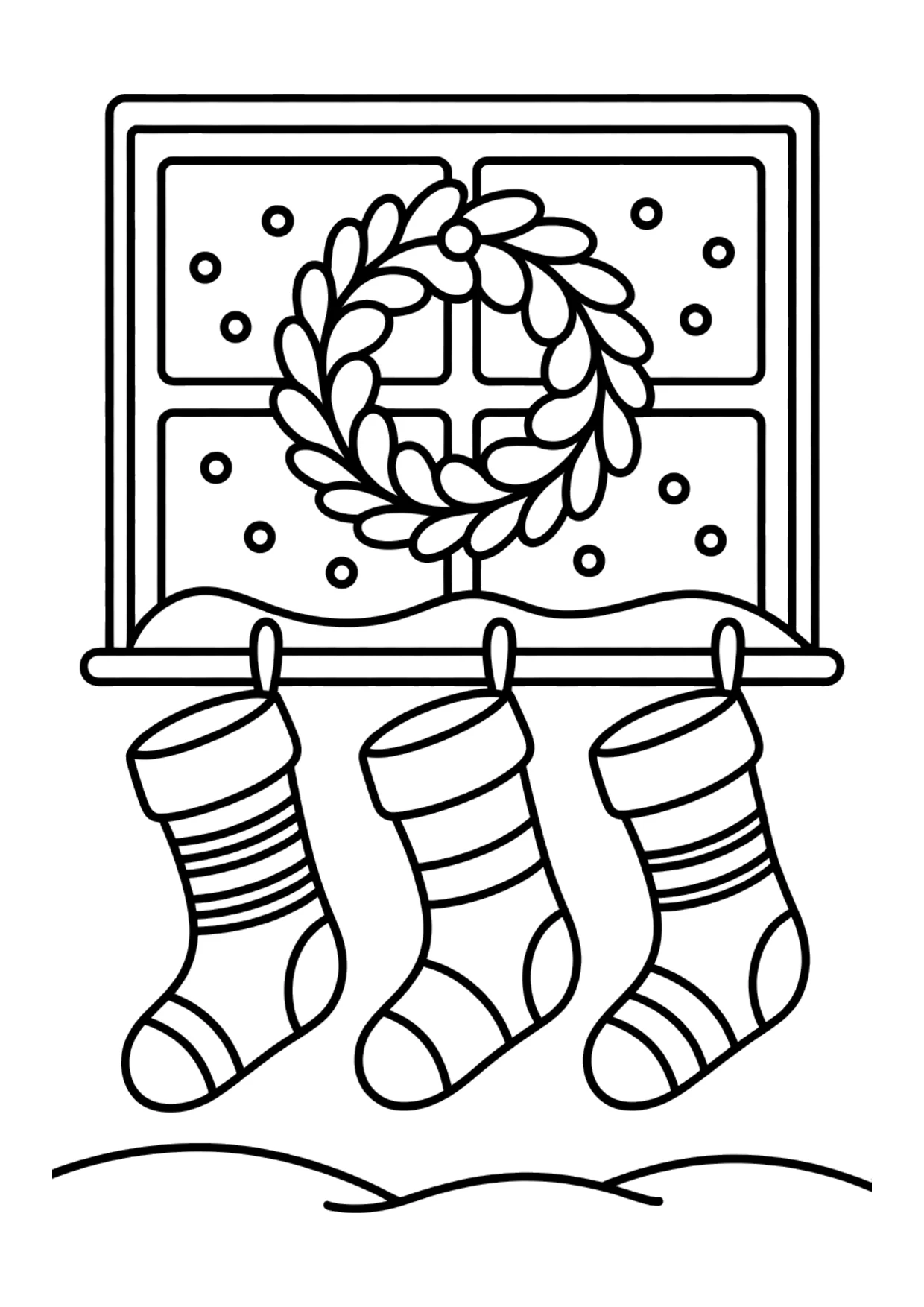 Dibujo para niños de calcetines junto a una ventana de invierno para colorear