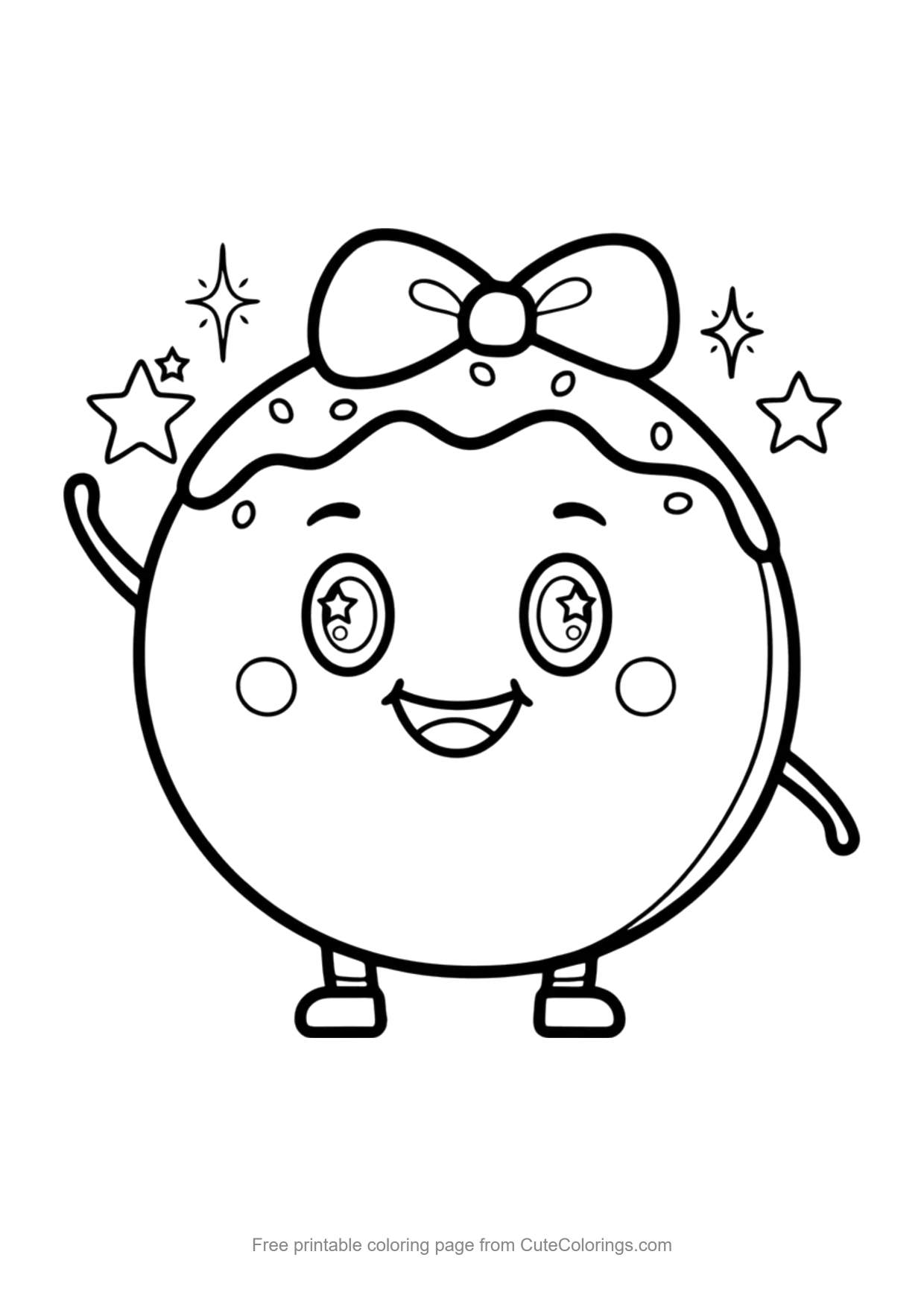 Easy kawaii coloring page of a strawberry frosted donut character with a bow