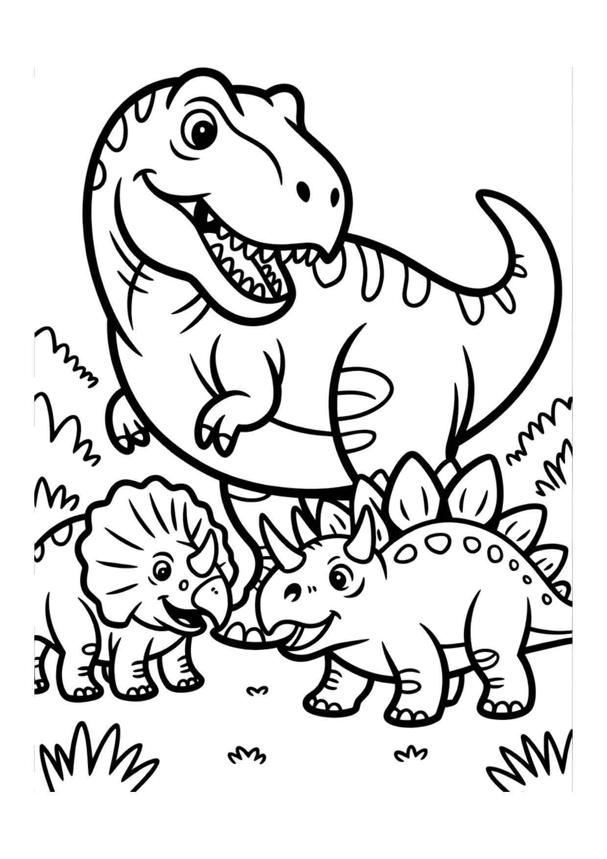Ausmalbild für Kinder von einem freundlichen T-Rex mit einem Triceratops und einem Stegosaurus auf einer Wiese