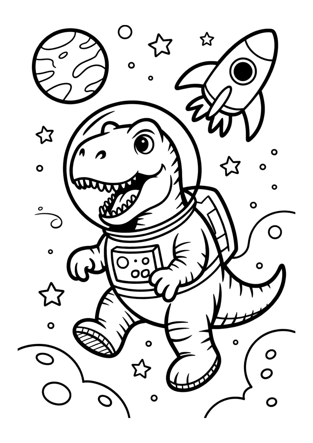 Ausmalbild für Kinder von einem T-Rex-Astronauten, der mit einem Planeten, Sternen und einer Rakete im Weltraum schwebt