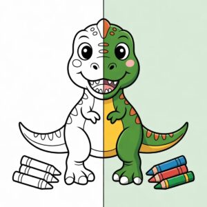 T-Rex coloring pages: a cute baby T-Rex shown half as coloring page line art and half in bright colors with crayons