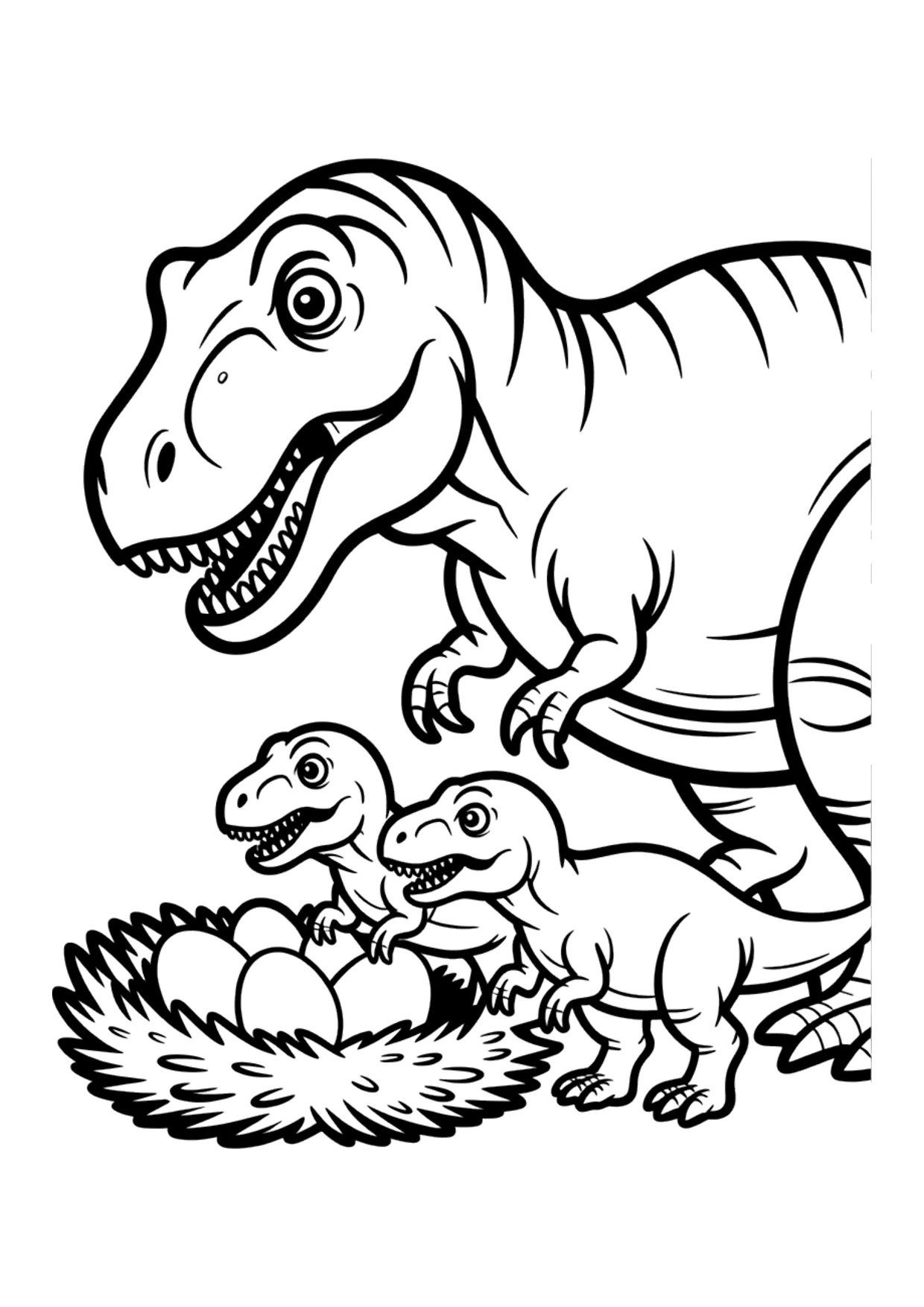 Ausmalbild für Kinder von einer T-Rex-Mama mit zwei Baby-T-Rexen neben einem Nest voller Eier