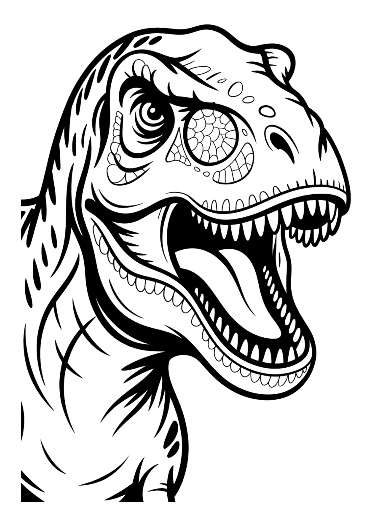 Detailliertes Ausmalbild von der Nahaufnahme eines brüllenden T-Rex-Kopfes mit Schuppenmustern und Zähnen