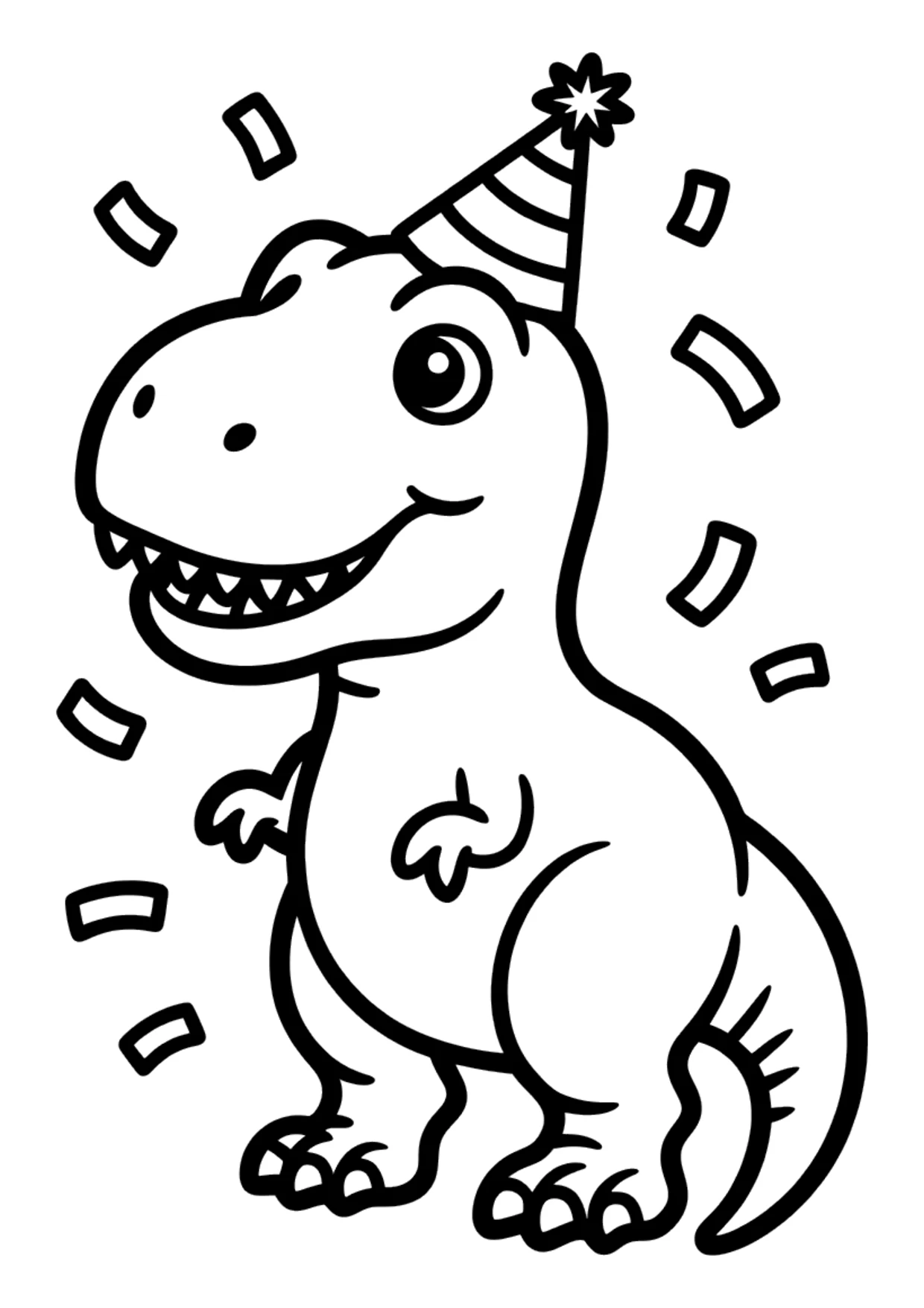 Einfaches Ausmalbild eines süßen T-Rex mit Partyhut und Konfetti