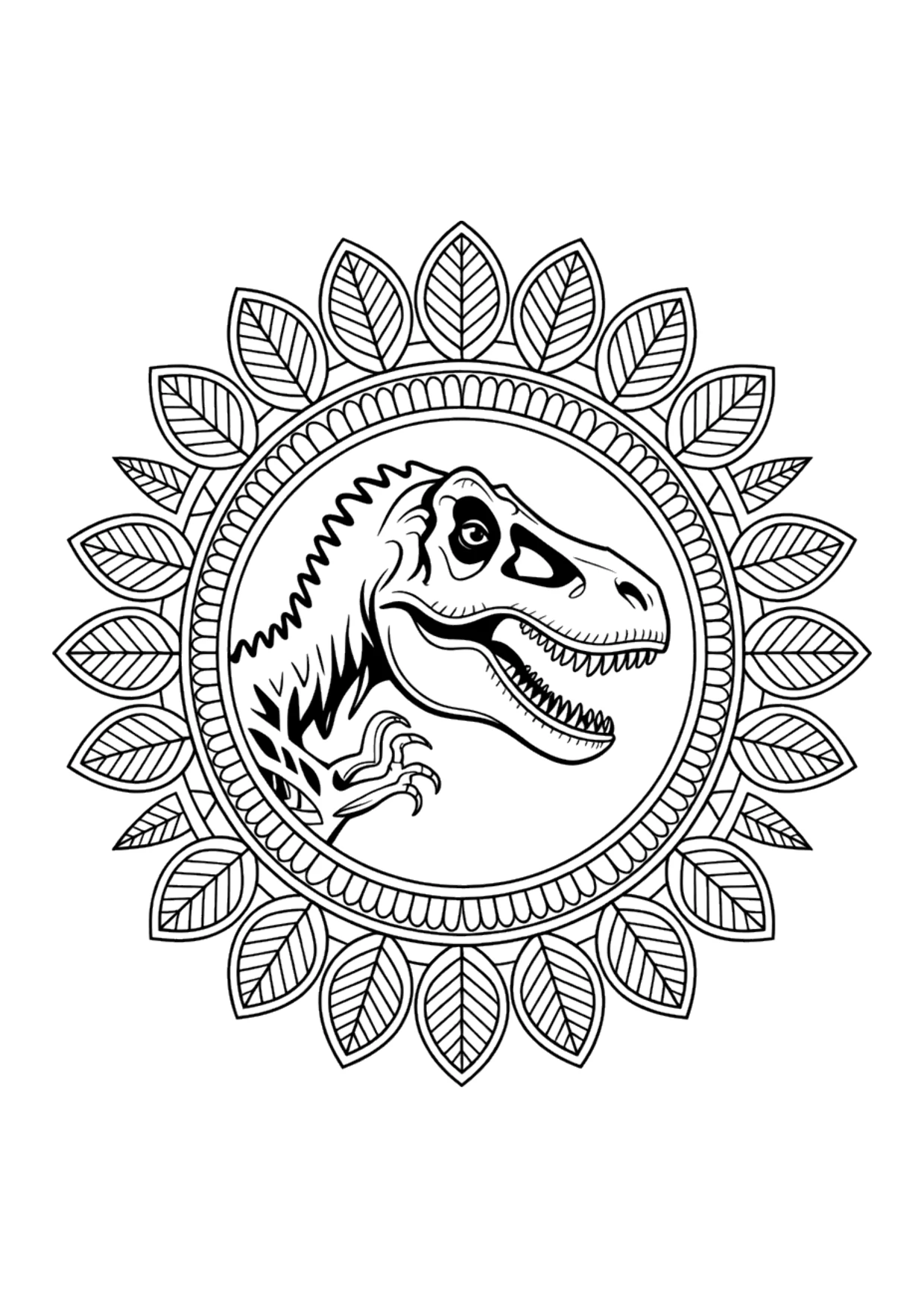 Detailliertes Mandala-Ausmalbild für Erwachsene von einem T-Rex-Kopf, umgeben von Blättern, Schuppen und Mustern