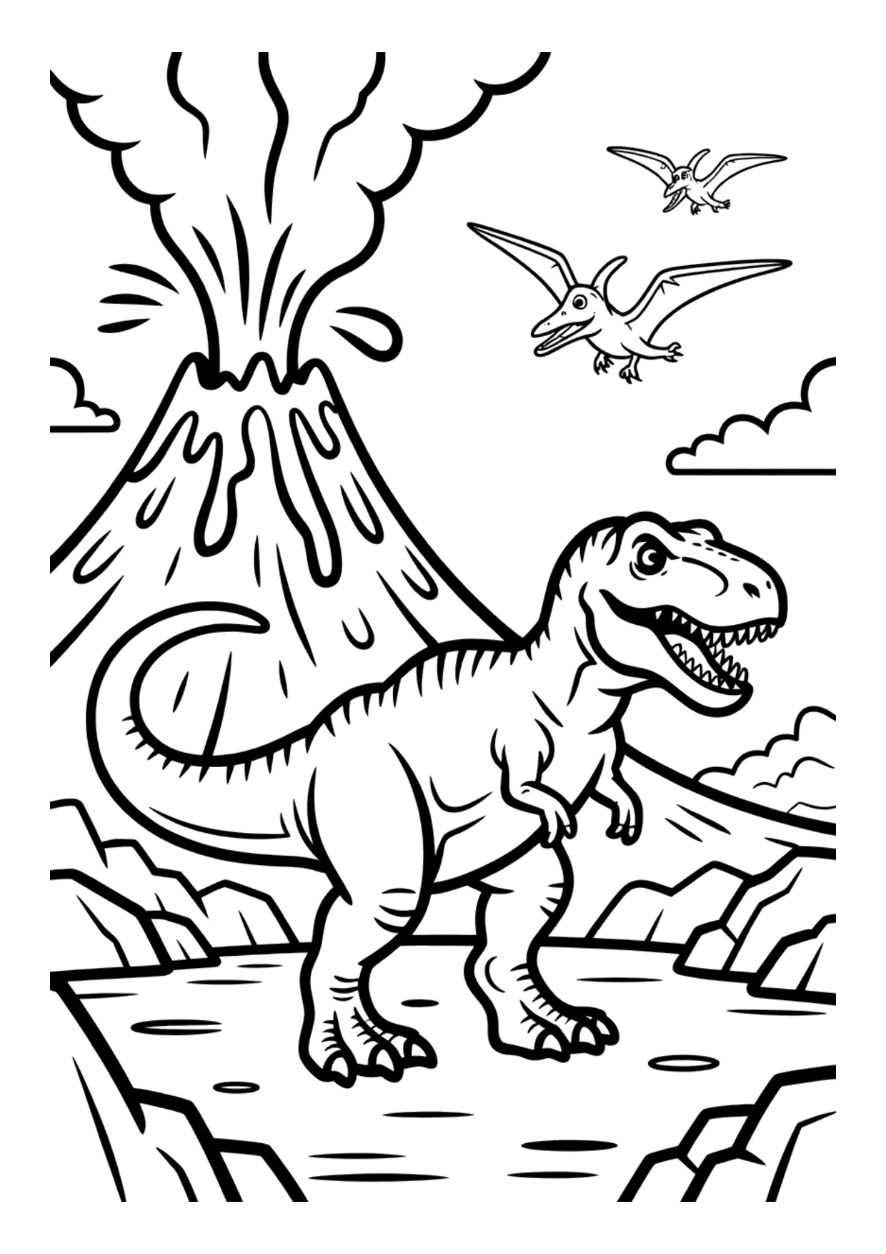 Ausmalbild für Kinder von einem T-Rex auf Felsen an einem ausbrechenden Vulkan mit Flugsauriern am Himmel