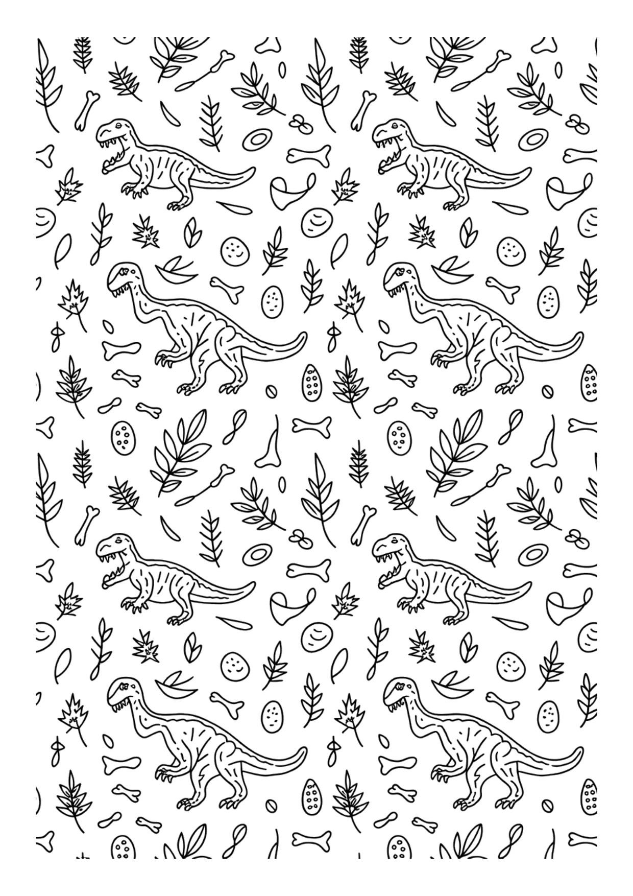 Detailliertes T-Rex-Muster-Ausmalbild mit kleinen Dinosauriern, Fußabdrücken, Eiern, Blättern und Knochen