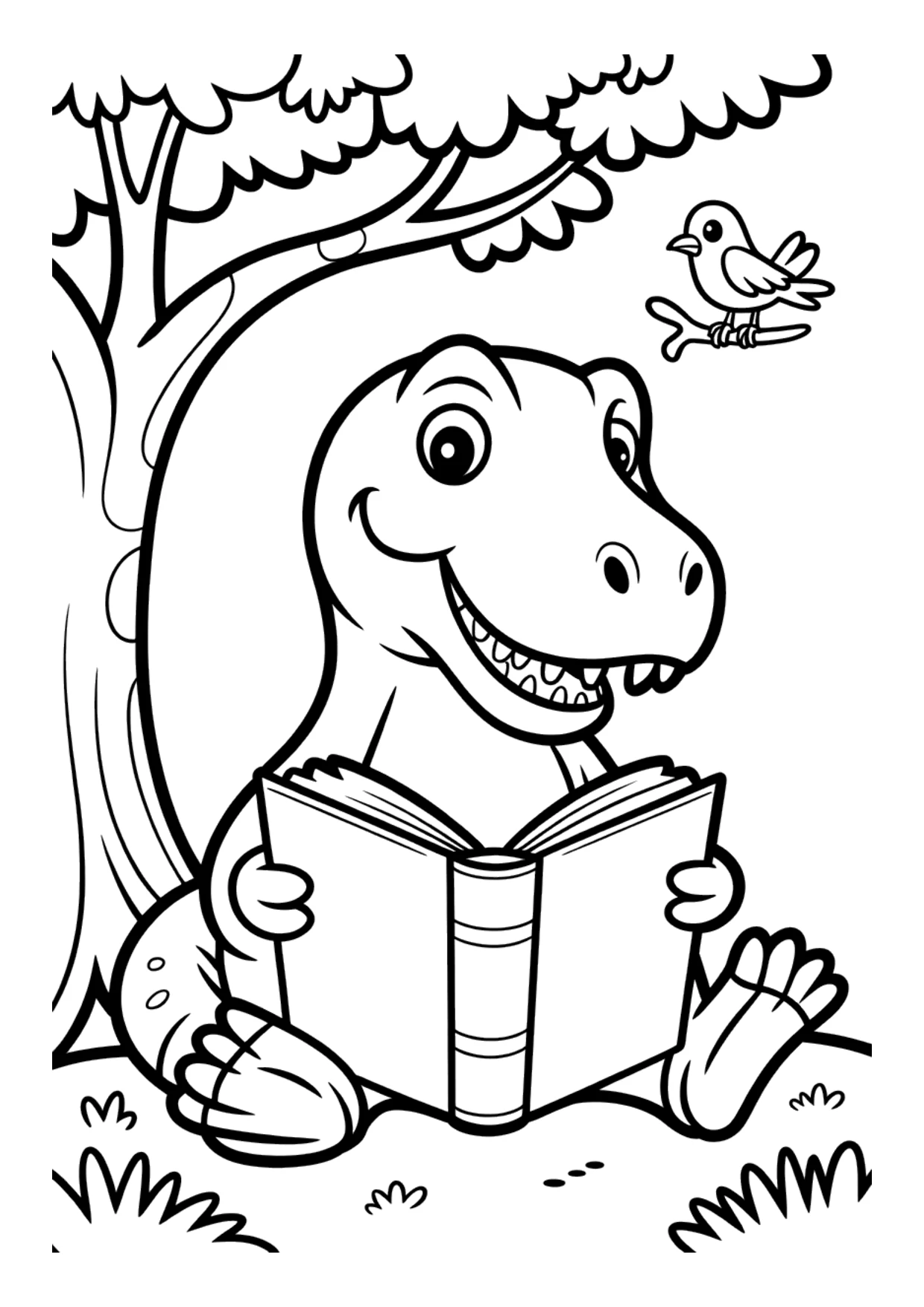 Ausmalbild für Kinder von einem süßen T-Rex, der unter einem Baum mit einem kleinen Vogel ein großes Buch liest