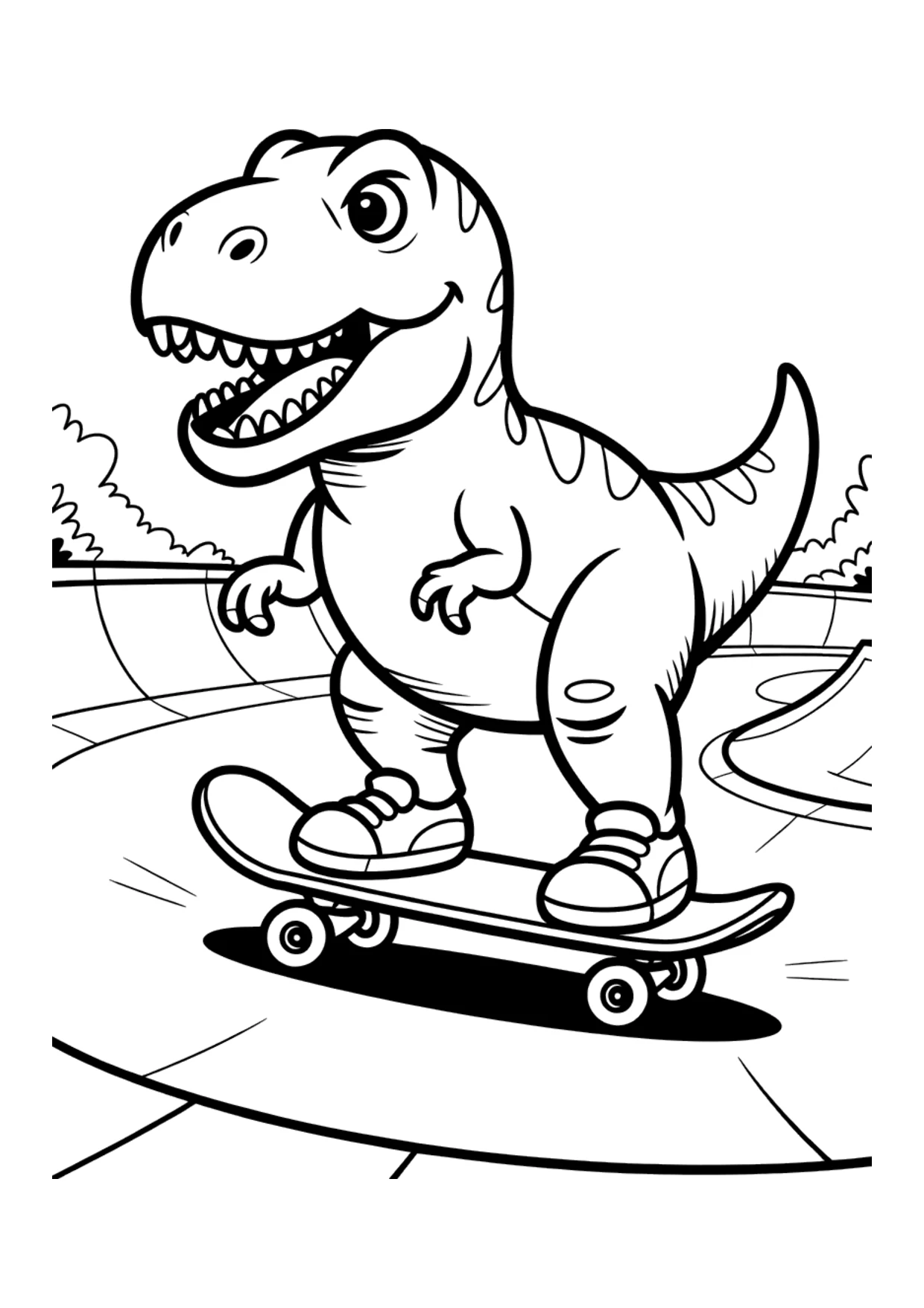 Ausmalbild für Kinder von einem coolen Cartoon-T-Rex, der in einem Skatepark Skateboard fährt