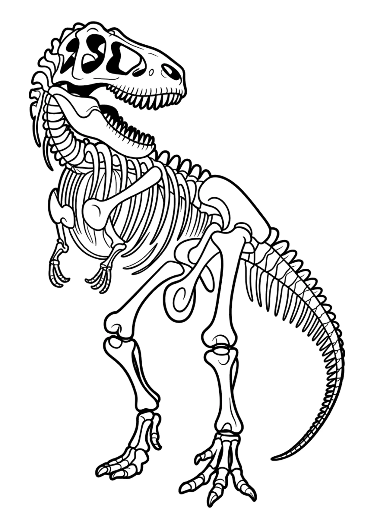 Detailliertes Ausmalbild einer wissenschaftlichen T-Rex-Skelett-Illustration in der Seitenansicht