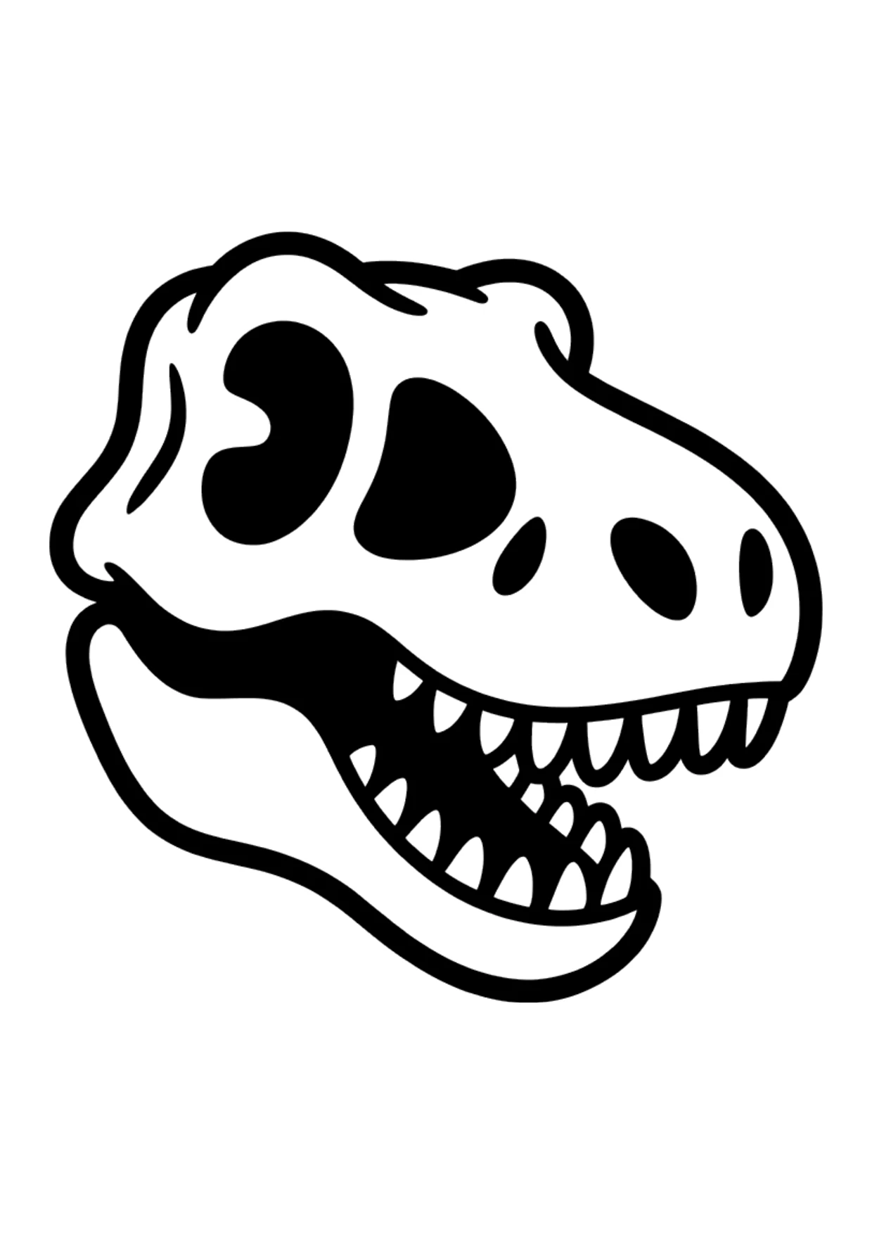 Einfaches Ausmalbild eines schlichten Cartoon-T-Rex-Schädels mit großen Zähnen