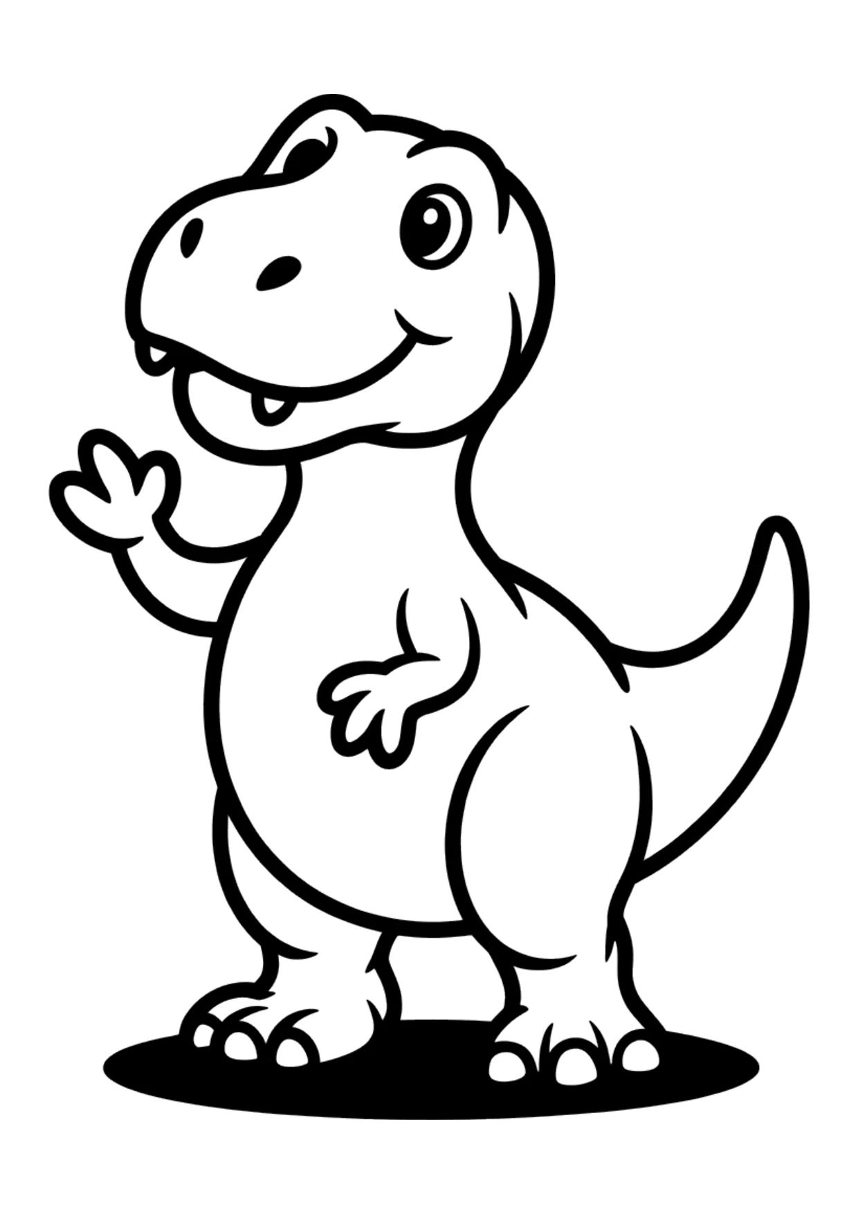 Einfaches Ausmalbild eines freundlichen Cartoon-T-Rex, der Hallo winkt