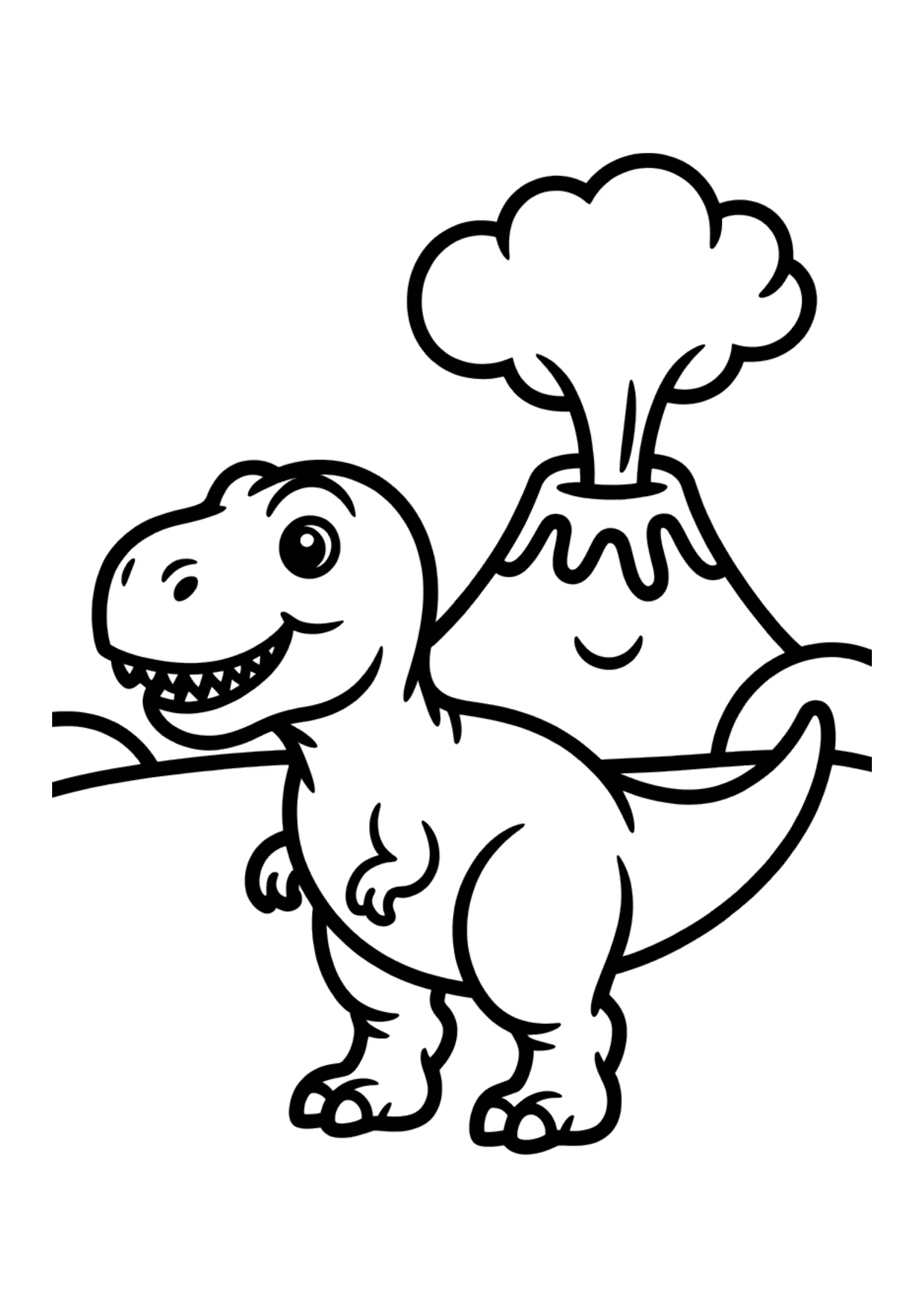 Einfaches Ausmalbild eines süßen T-Rex, der vor einem lächelnden Vulkan steht