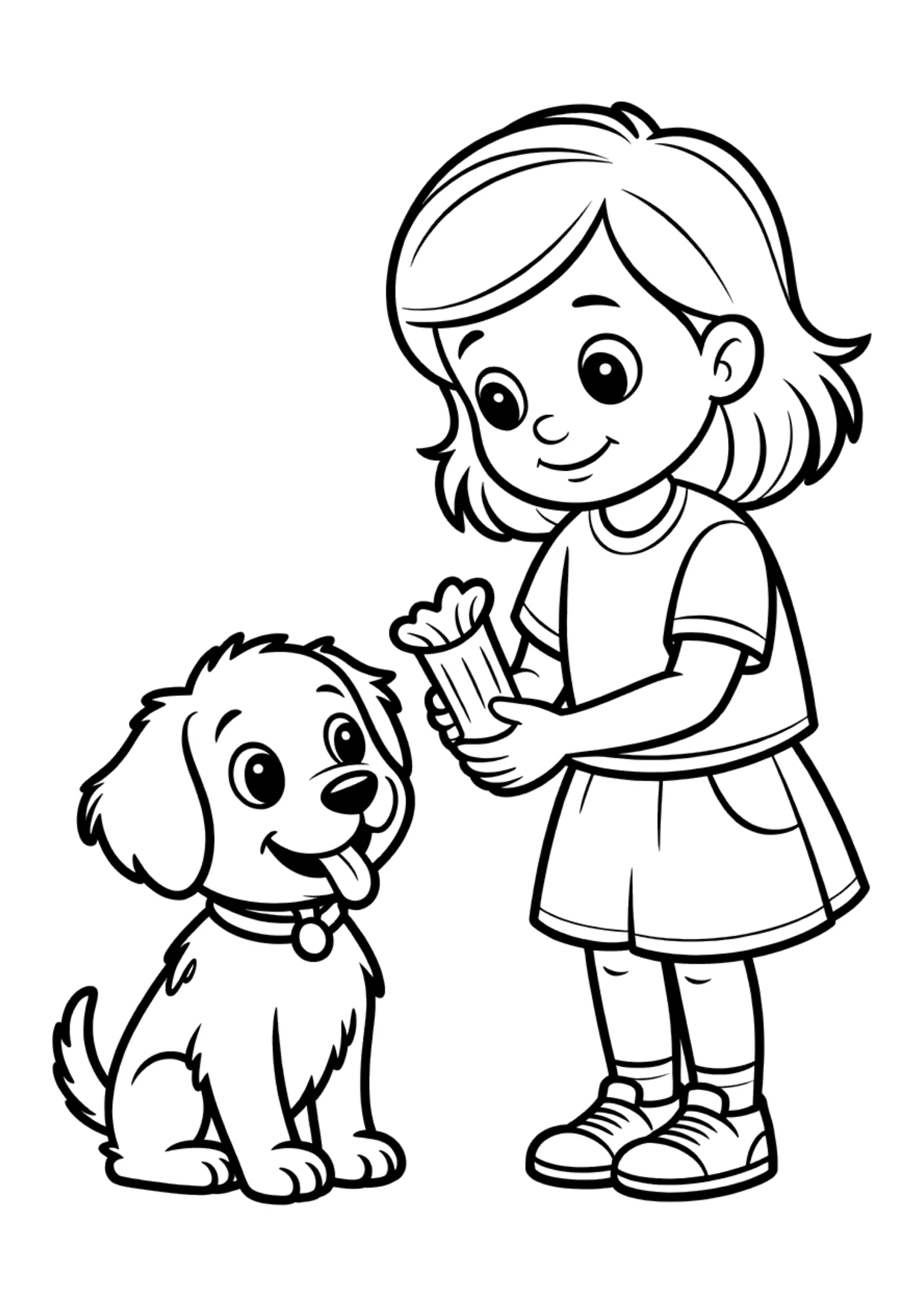 Coloring page of a girl teaching a puppy to sit