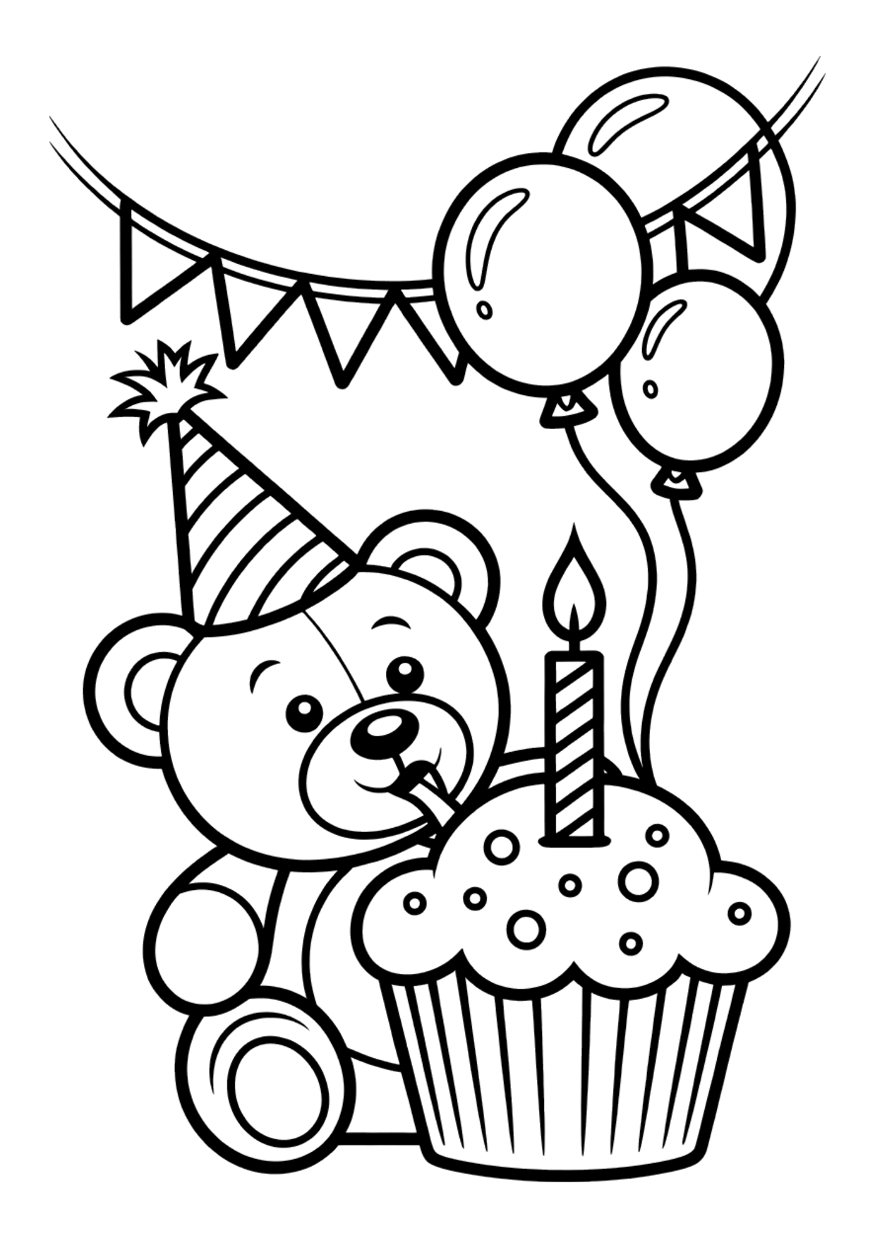 Coloring page for kids of a teddy bear in a party hat with a birthday cupcake, balloons and bunting