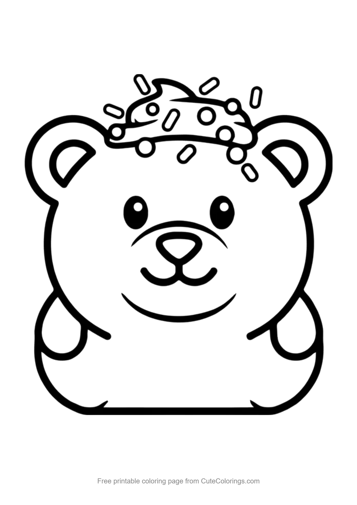 Easy coloring page of a teddy bear shaped donut with frosting and sprinkles