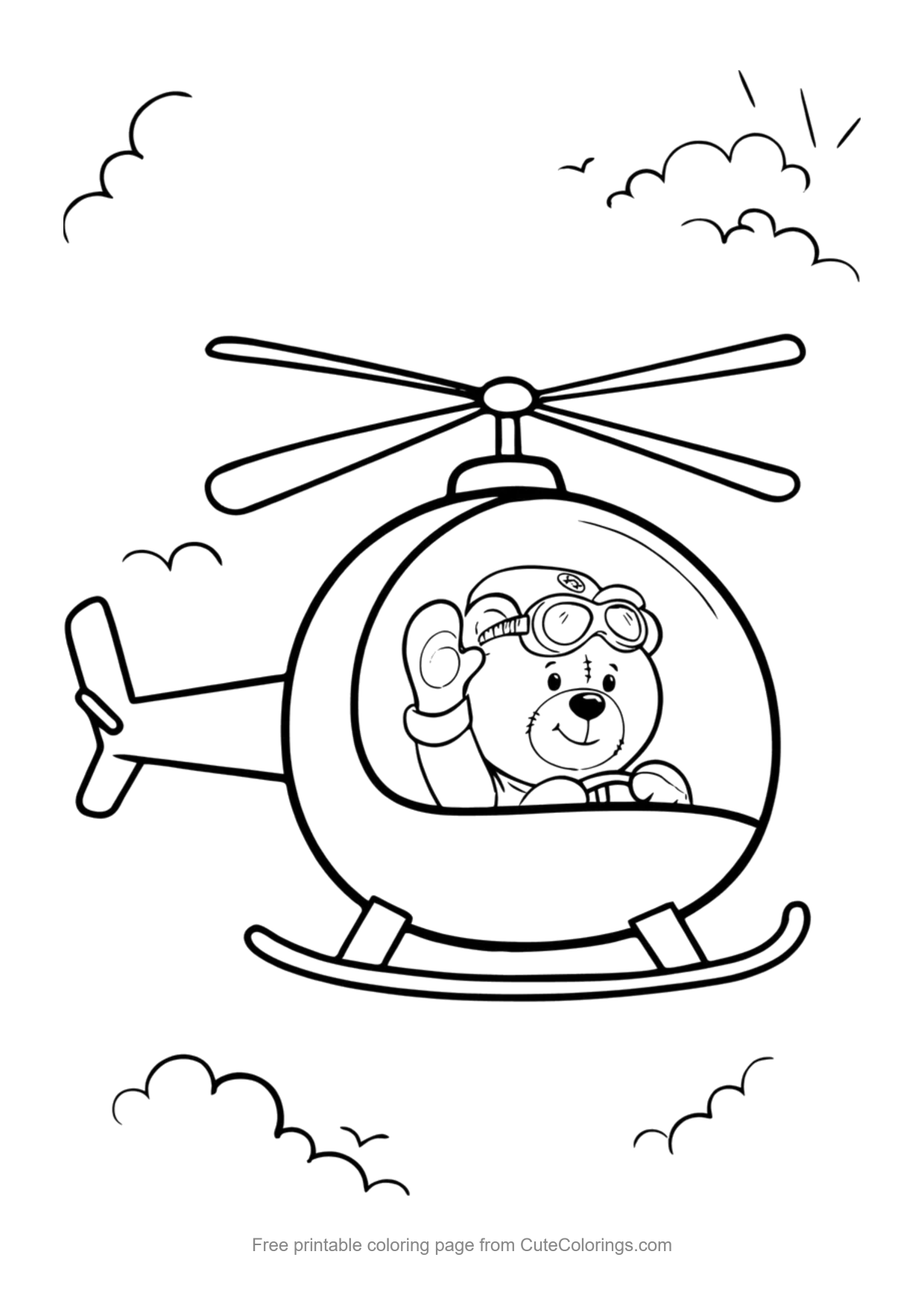 Easy coloring page of a teddy bear pilot waving from a round cartoon helicopter