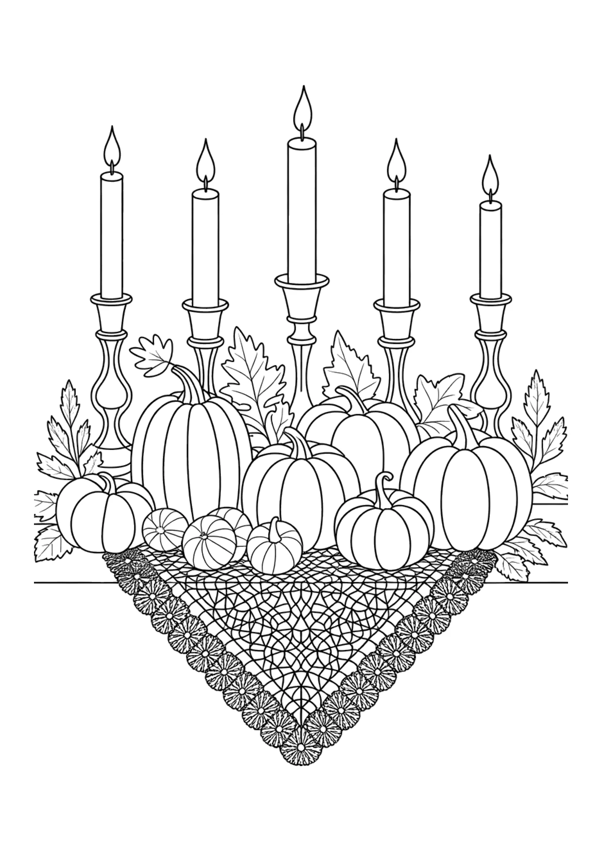 Detailliertes Ausmalbild: Thanksgiving-Tischdeko mit Kerzen, Kürbissen und Zierkürbissen