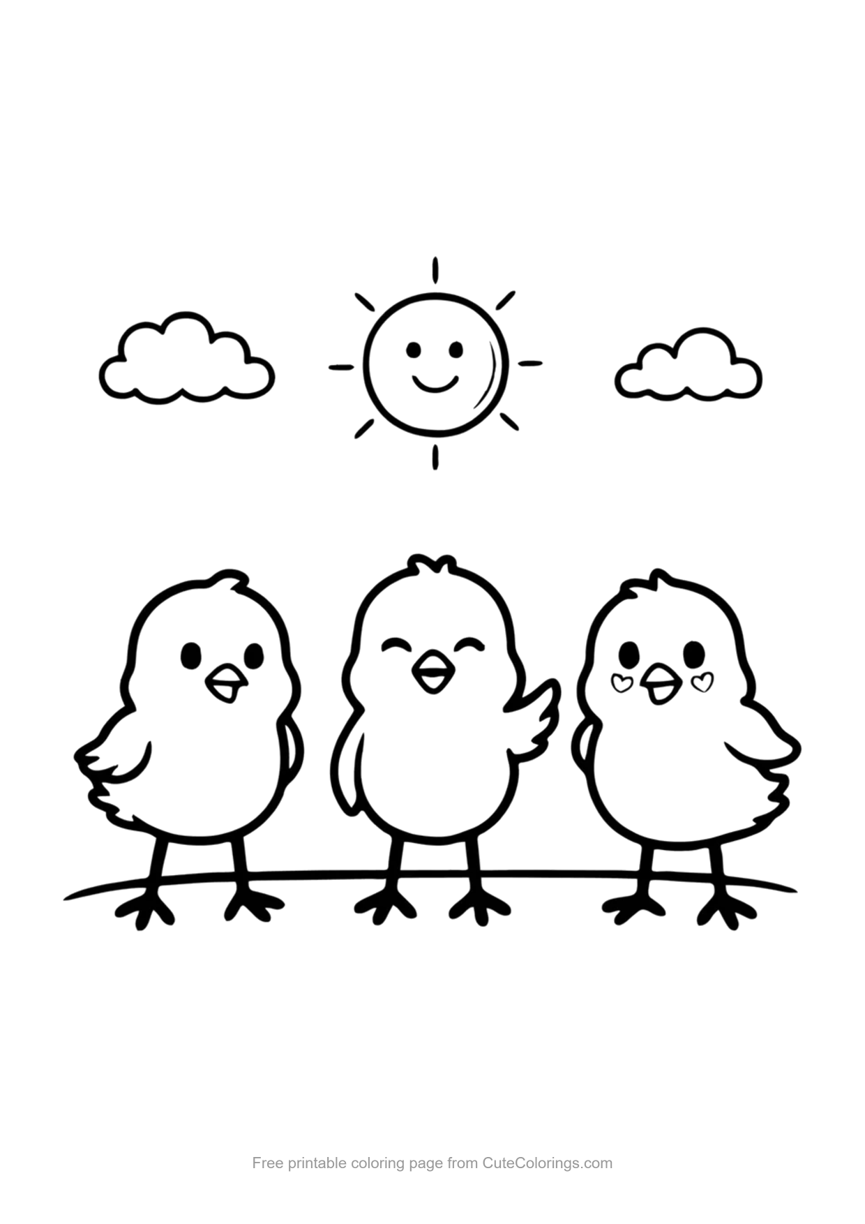 Easy coloring page of three cute baby chicks standing in a row