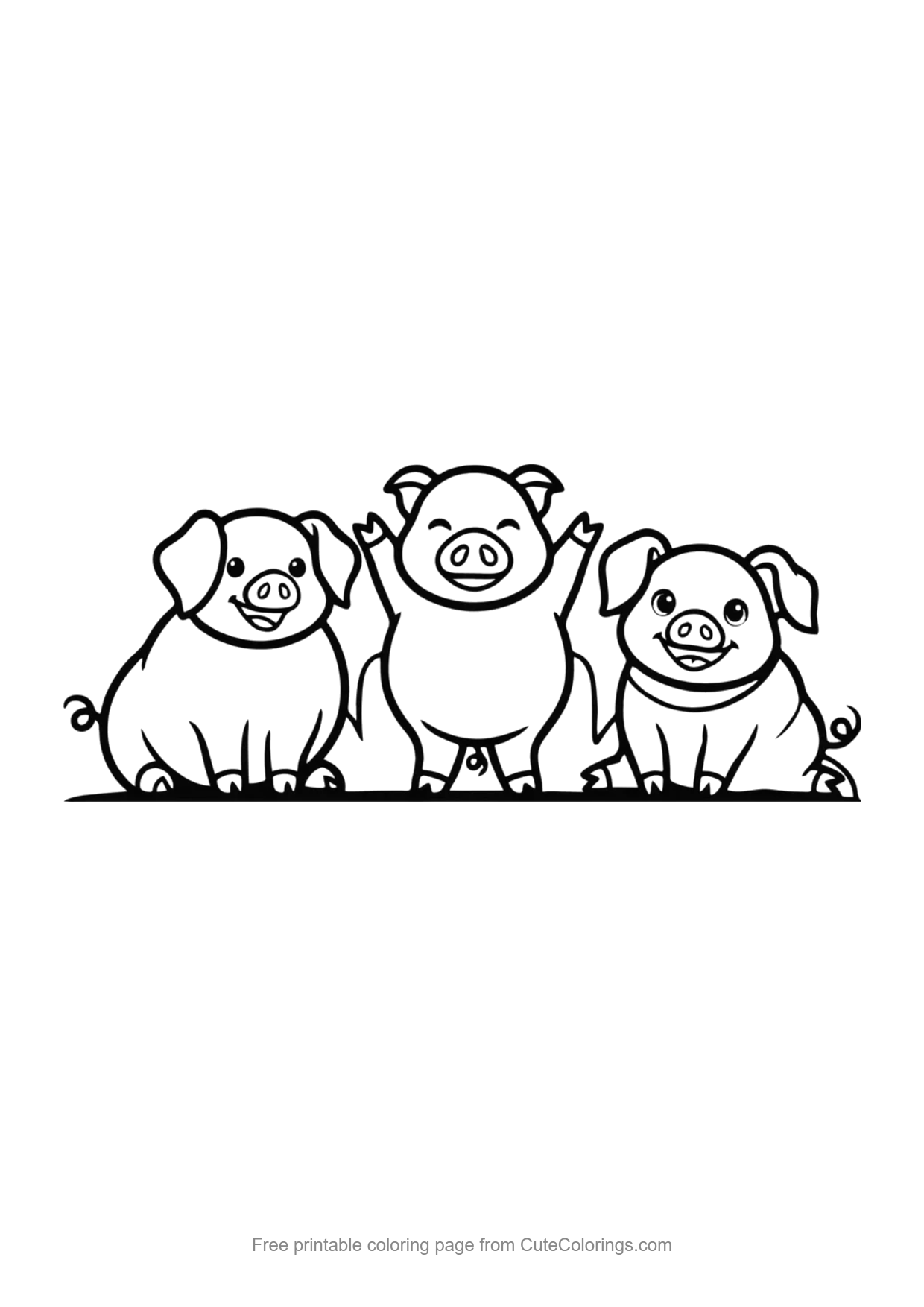 Easy coloring page of three cute little piglets standing side by side