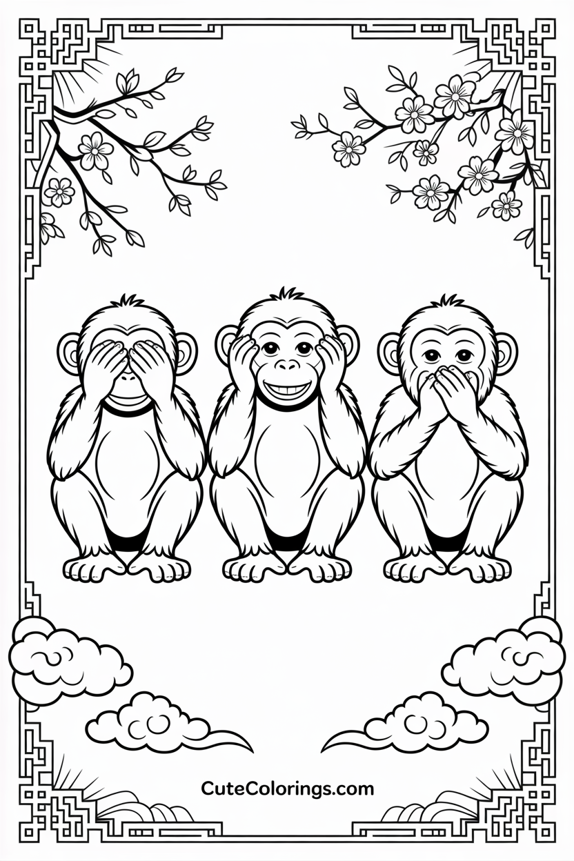 See no evil trio framed by cherry blossoms and clouds