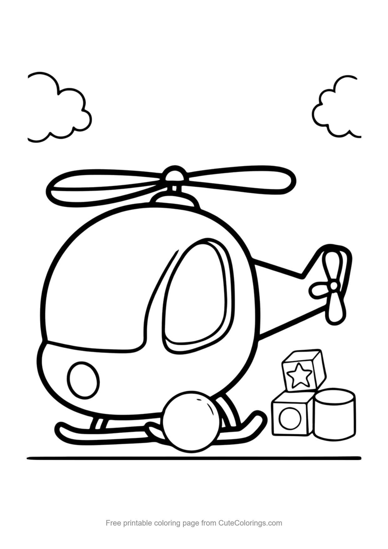 Easy coloring page of a big toy helicopter next to toy blocks and a ball