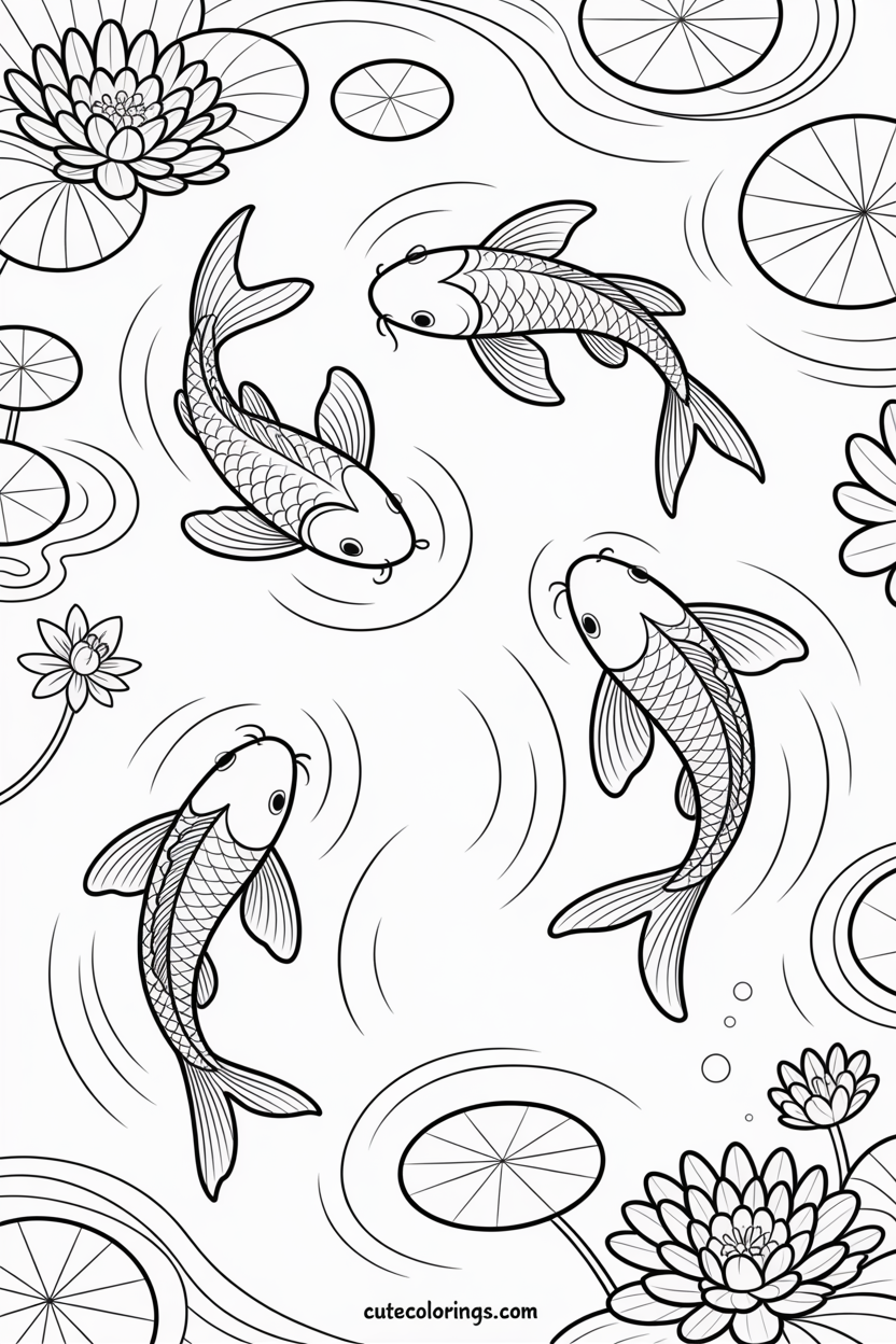 Multiple koi swimming in pond with lotus lily pads