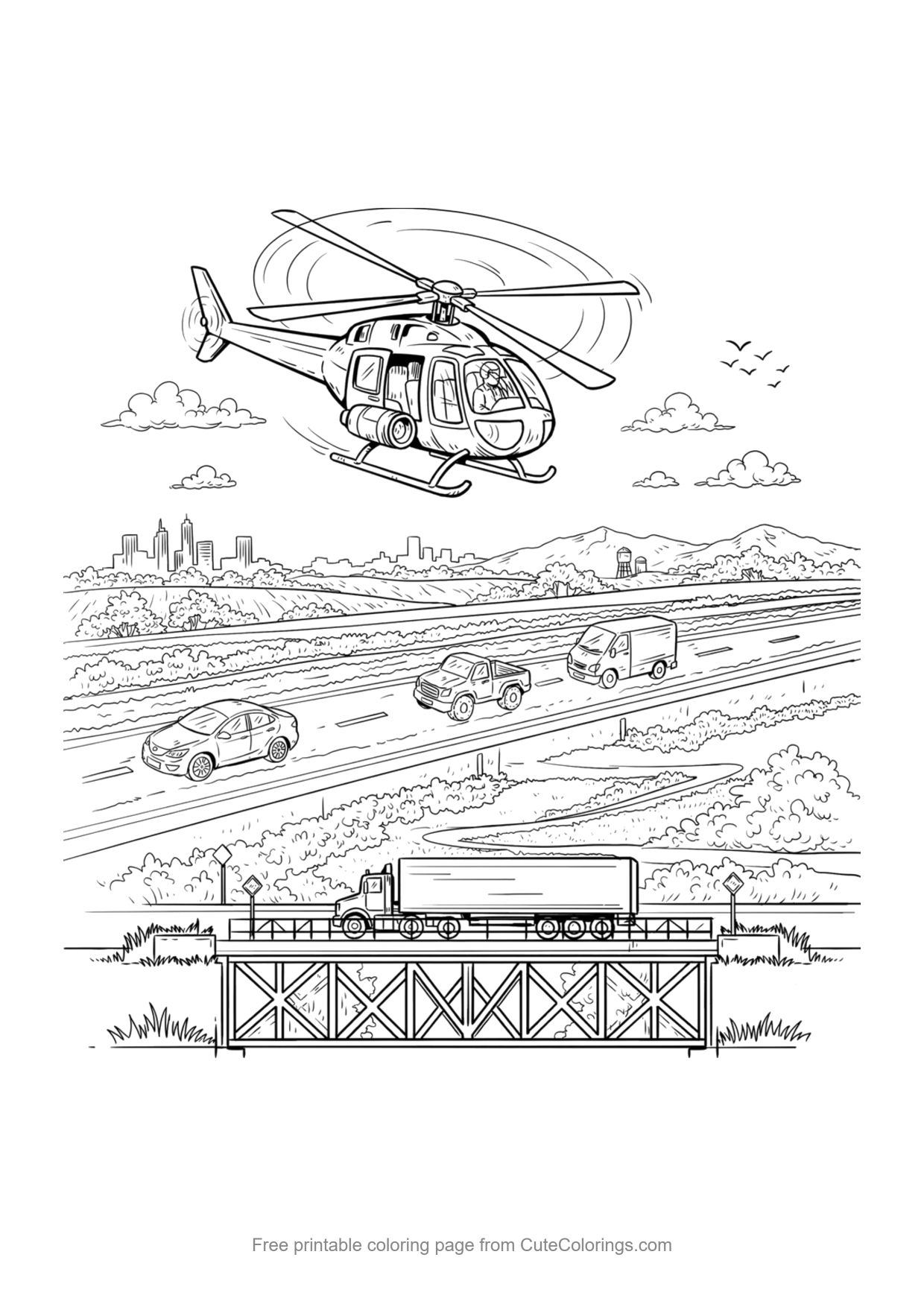 Coloring page for kids of a news helicopter flying above a highway with cars and trucks