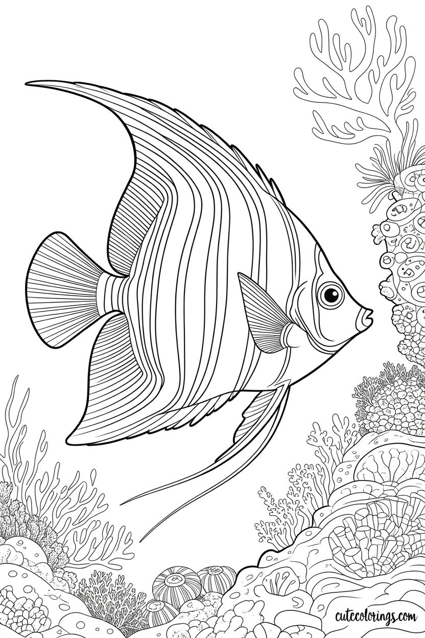Detailed angelfish swimming near intricate coral
