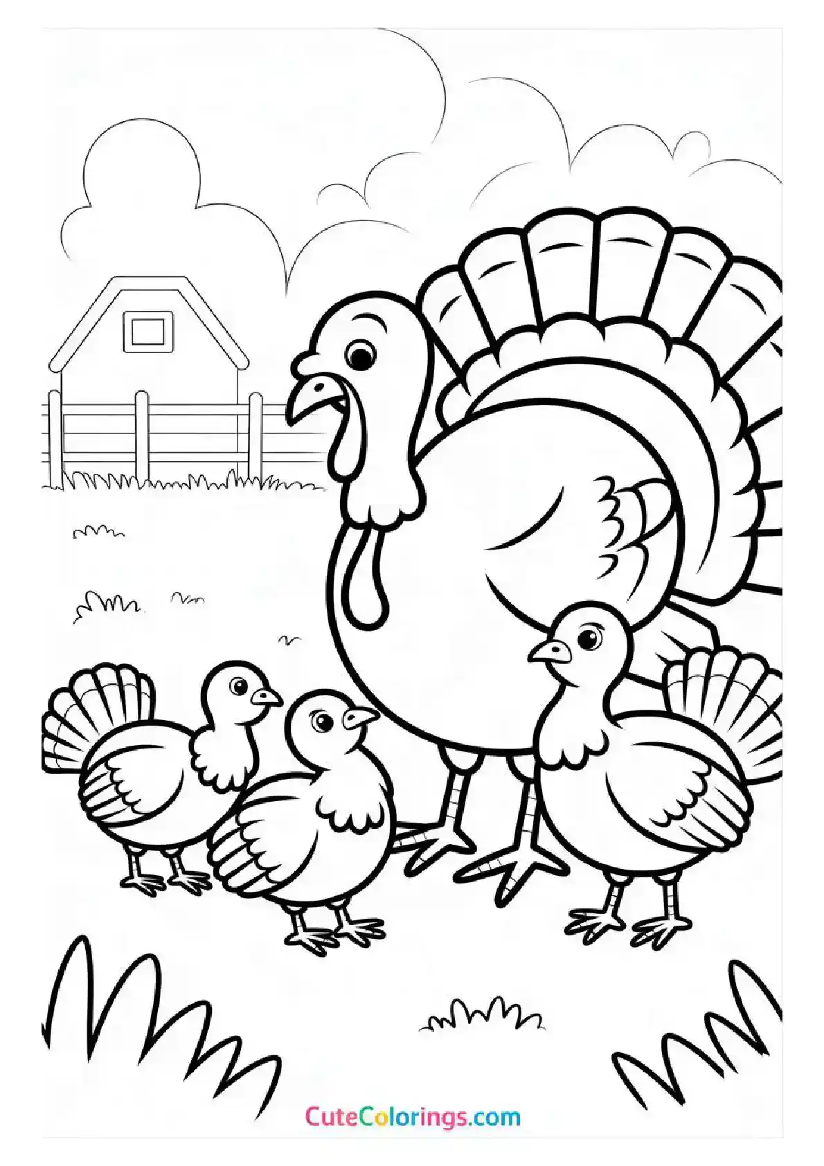 Turkey with chicks near a barn